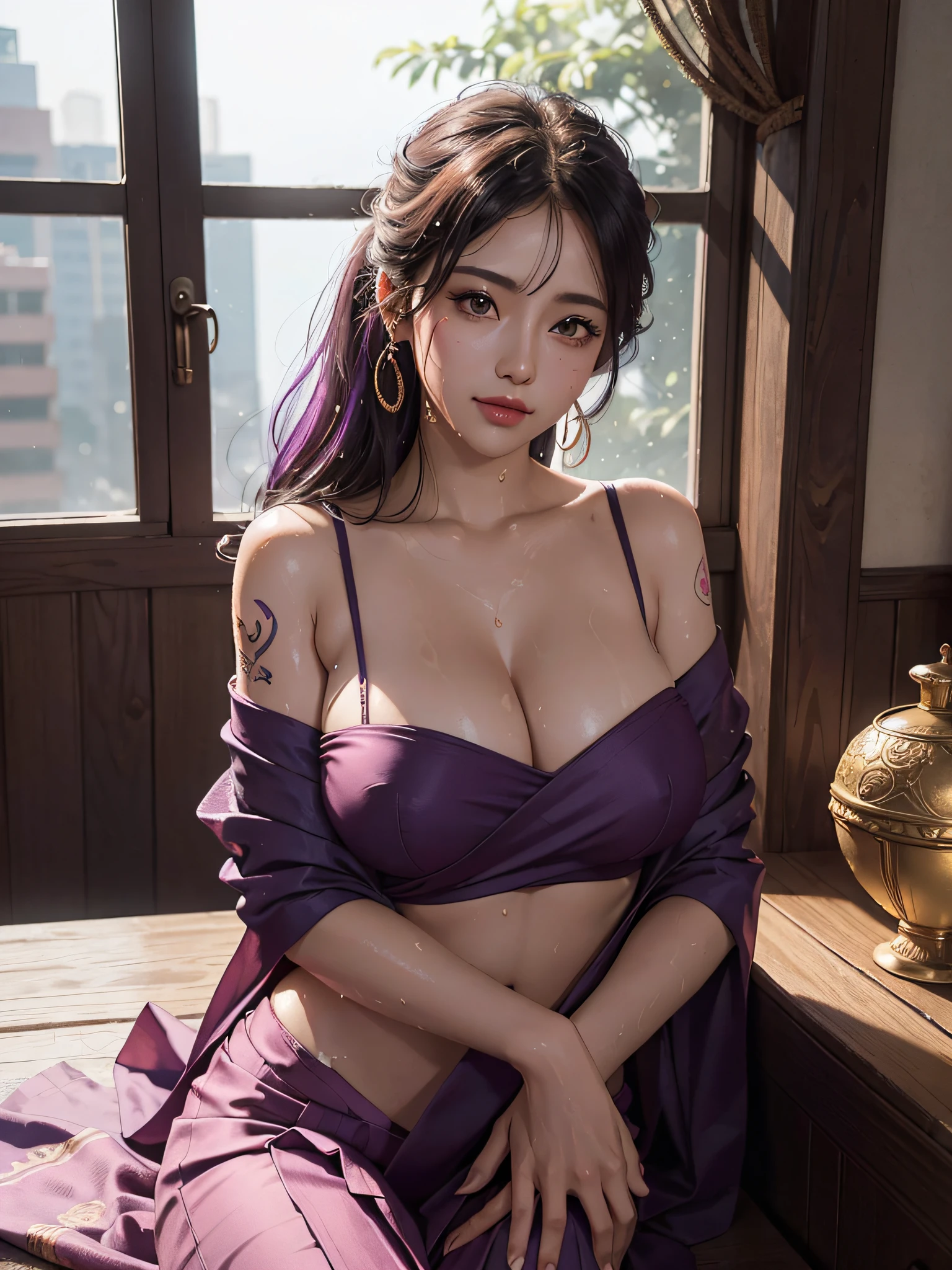 8k、RAW Photography、top-quality、masterpiece:1.2)、(realisitic、photoRealstic:1.37)、1girl in、Nepali、25-years old、femele、(deep in the night)、sunlights、a room、Daytime cityscape seen from the window、Studio Lighting、face lights、photon maping、Radio City、Purple hair、A detailed face、detailed lips、A detailed eye、More skin、二重まぶた、(Huge round:1.3)、((Exposure))、(Sally and blouse、Nepal)、(Saree)、(Wearing a saree)、((no brassiere)))、Exposed cleavage、exposed shoulder、Thigh exposure、(camel's toe)、perfectbody、shinny skin、(Body wet with sweat:1.2)、smirking face、((sitting on))、Make eye contact with the camera、Lens blur for background camera、depth of fields、35 m、ultra-detailliert、ultra-quality、flawless、Anime tattoo on right hand、((Vintage style photography