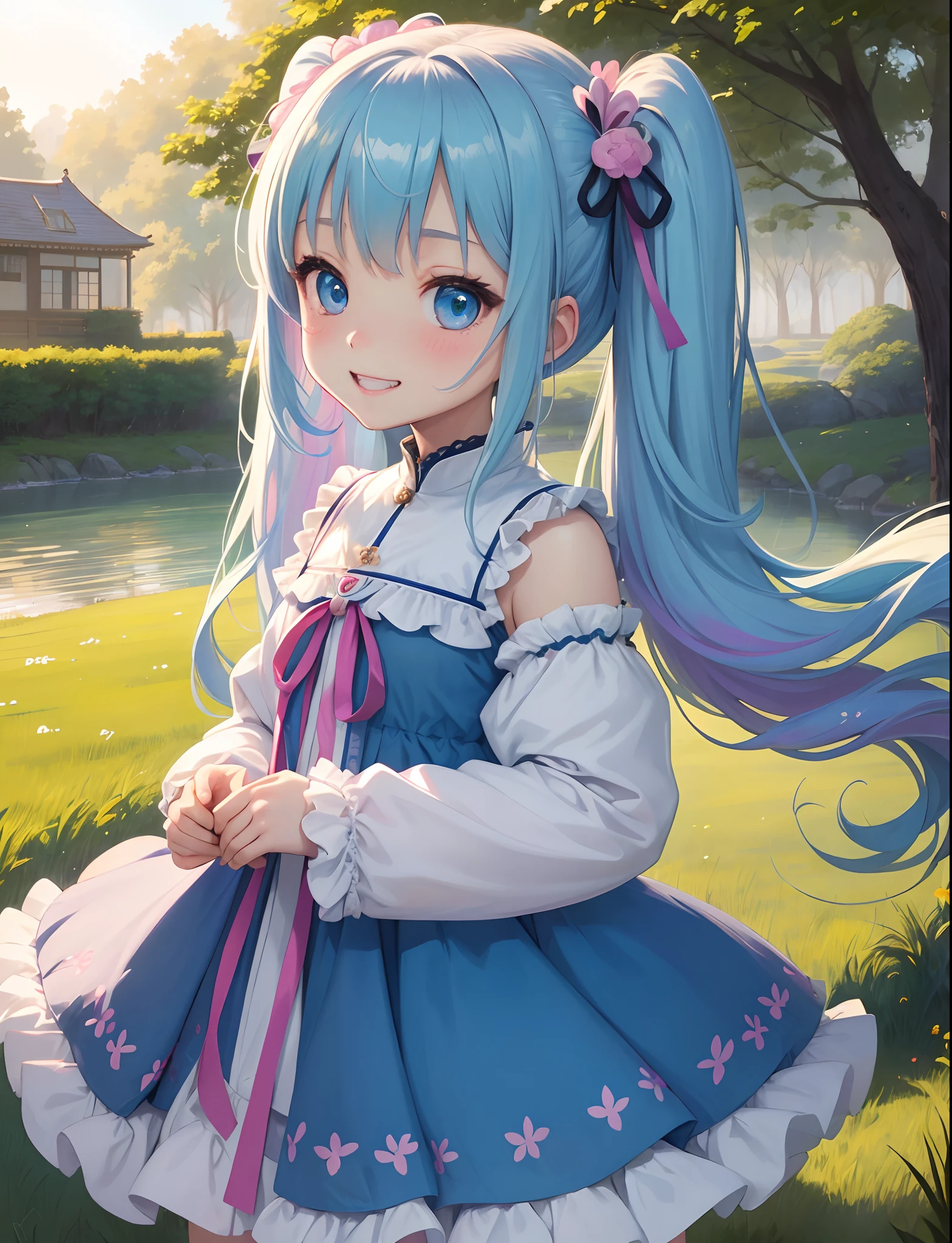 masterpiece:1.2、hightquality、top-quality、hight resolution、detaileds、A hyper-realistic、1girl in、long hair with pink twin tails、Beautiful blue eyes、tilt of the head、morning glow、green grass々Shiiki々、birdie、rainbows、portlate、lovely smile、showing teeth、(A detailed face)、((foco nítido))、((faces))、upper_body