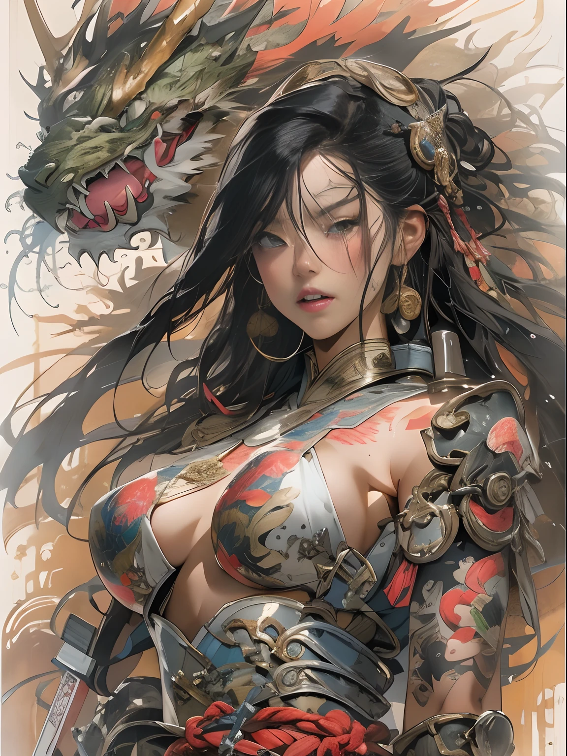 (((woman))), (((best qualityer))), (((tmasterpiece))), (((AS-Adult))), ((( Japanese ))), Look up from your knees, A beautiful asian samurai woman with perfect body, Modern samurai, ((( Asian))), Wear gloves on your hands，The left arm is made of steel and metal tips，Made of protective devices, The eyes are pulled, (( Appears below the breast )), (( Small dental floss )), Simon Bisley, Almost naked（Simon Bisley）Castle City Wilderness，For high-resolution posters, hair straight, Minimum clothing, armure (Crazy clothes ), Full of tips and rivets, tribal tattoos, (((full bodyesbian))), Straight brunette hair，Colored hair ends