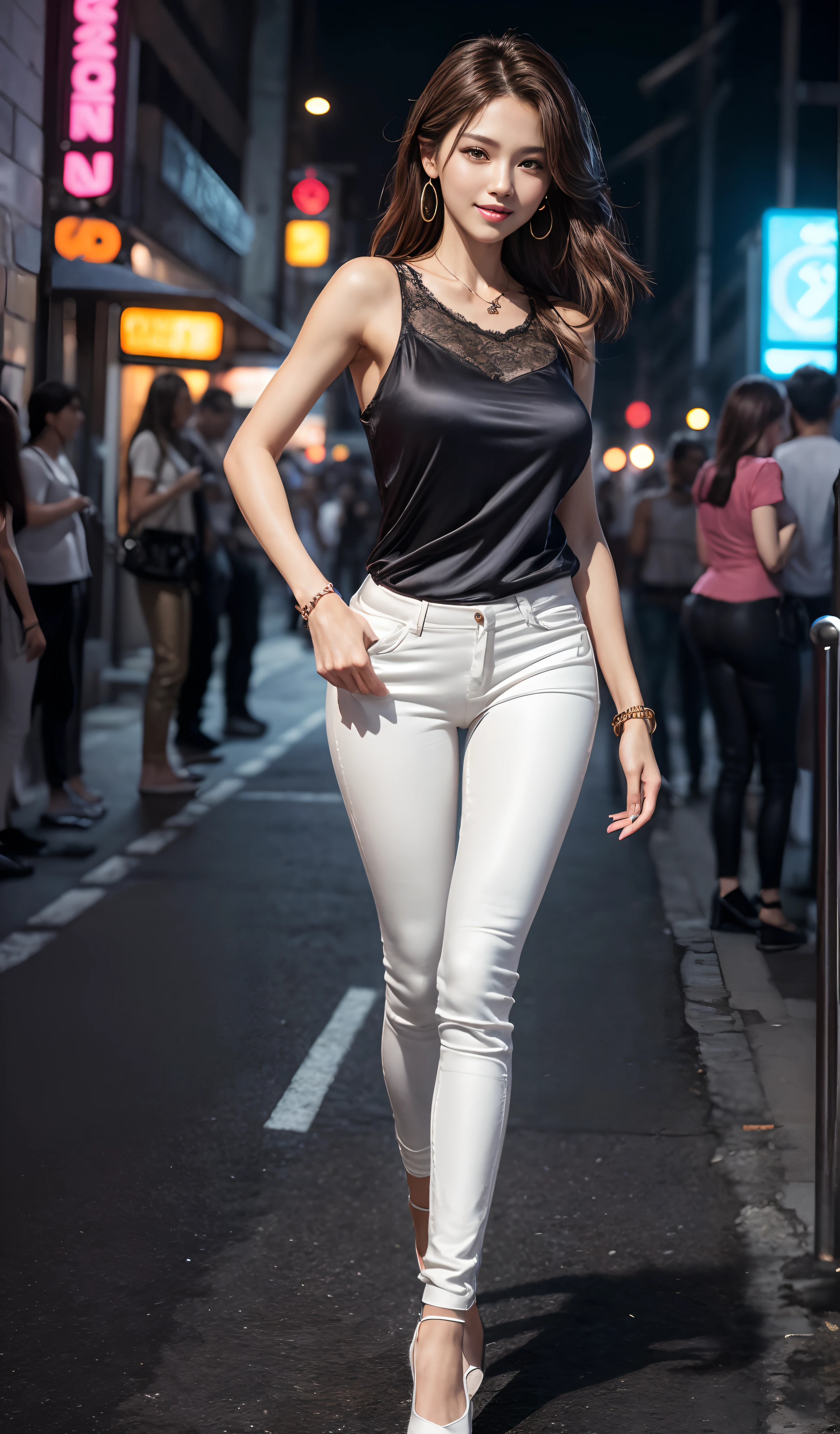 8K, Masterpiece, RAW photo, Best quality, Photorealistic, Extremely detailed CG unified 8K wallpapers, Depth of field, Cinematic light, Lens flare, Ray tracing, (Extremely beautiful face, Beautiful lips, Beautiful eyes), intricate detail face, ((ultra detailed skin)) 1girll, In the dark, deepshadow, Pretty Korean girl, Kpop idol, 1 girl, (Very slim and slender muscular body:1.3), ((full bodyesbian)),((Long legs)), ((view the viewer)),(Big smile:1.3), (Tight lace-up blouse), (Pink shirt), (Sleeveless) , (Fashion night, Dark night, (neon lights sign), (Blurred background), Fashion Street Night),(No one is in the background:1.3), Beautiful earrings, bangle, necklace, Pantyhose, Clear eyes, (Pale skin), (Big eyes), Face forward, ((full body shot shot)), ((Silk white tight trousers:1.3)),(big assa),(brown hairs),((Skinny silk pants)),(big assa), (view the viewer:1.3) open breast, Very slim, Medium breasts, Turn Back, Back shot, , underwear