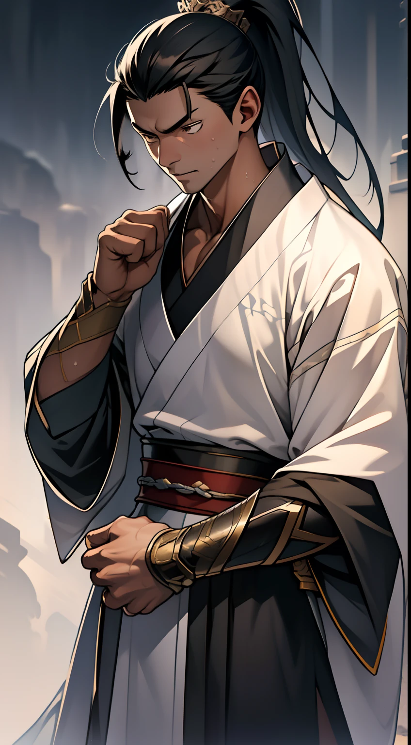 quadratic element,style of anime,mtu(Male Warrior),The proportions are correct,Face details,swordsmen,High ponytail hairstyle,Neck details,There is an Adam's apple,Black Hanfu,kaftan,Embroidered robes,Black robe,clothes details,Handing over,longer sleeves,Game quality,Swordsmanship,Light and shadow tracking,Ray traching,detailed glow,cg render,hair detail,cabelos preto e longos,Black eyes,Handsome,Handsome,(juvenile sense),Clothing is complicated,Perfectcomposition,Refinement,high qulity,higher details,Lots of details,The background is complex,a sense of atmosphere,
