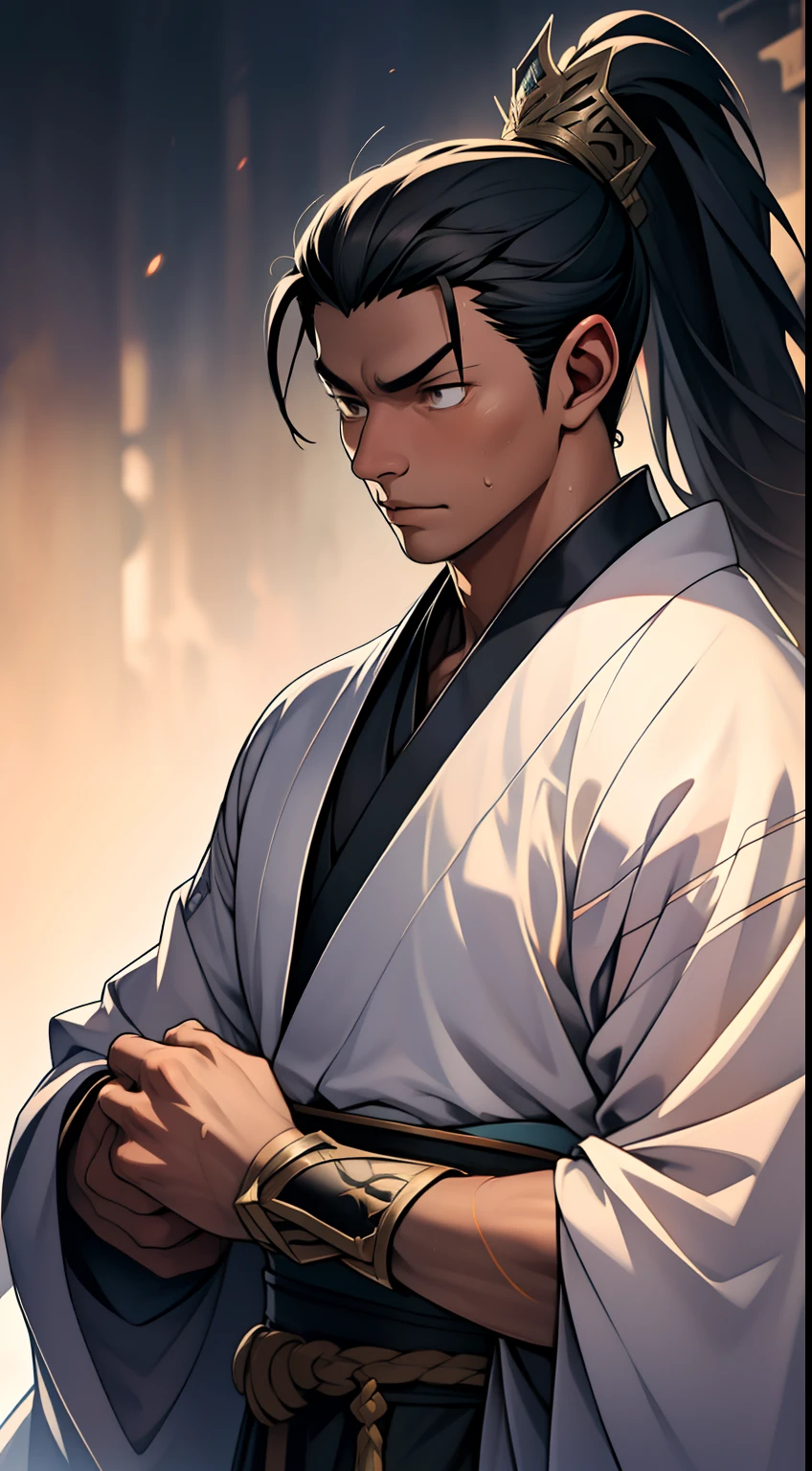 quadratic element,style of anime,mtu(Male Warrior),The proportions are correct,Face details,swordsmen,High ponytail hairstyle,Neck details,There is an Adam's apple,Black Hanfu,kaftan,Embroidered robes,Black robe,clothes details,Handing over,longer sleeves,Game quality,Swordsmanship,Light and shadow tracking,Ray traching,detailed glow,cg render,hair detail,cabelos preto e longos,Black eyes,Handsome,Handsome,(juvenile sense),Clothing is complicated,Perfectcomposition,Refinement,high qulity,higher details,Lots of details,The background is complex,a sense of atmosphere,