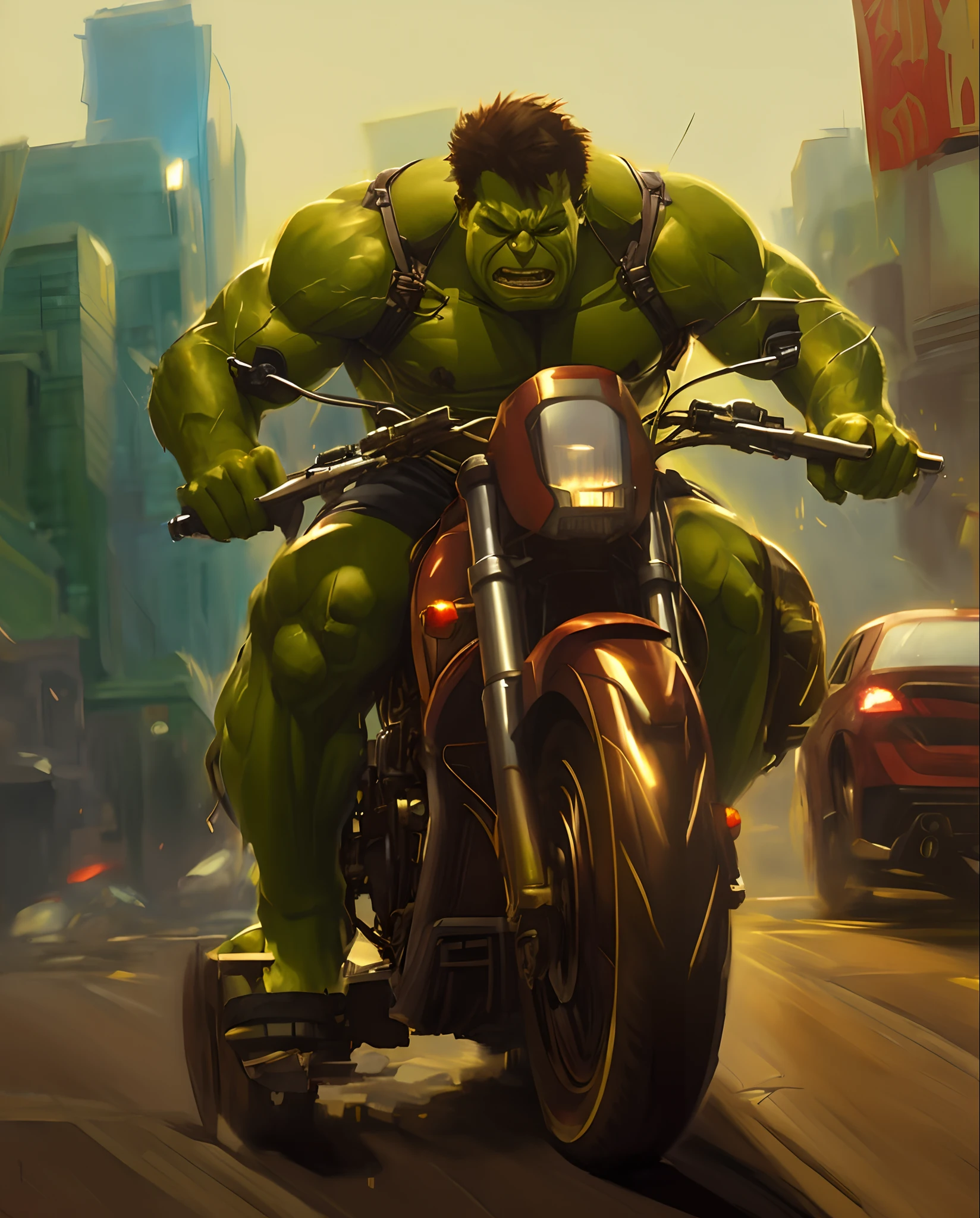 Hulk  musculoso pilotando uma HARLEY DAVIDSON na chuva em uma rua da cidade Ciber punk , Wojtek FUS, O Hulk, Directed by: Rudy Siswanto, Arte conceitual da Marvel, Hulk, Retrato do Hulk, Incredible hulk, epic comic book art, Excessivo, Hulkish, inspirado em Rudy Siswanto, Directed by: Marek Okon, Arte Marvel, James Gurney Estilo de pintura ,128k