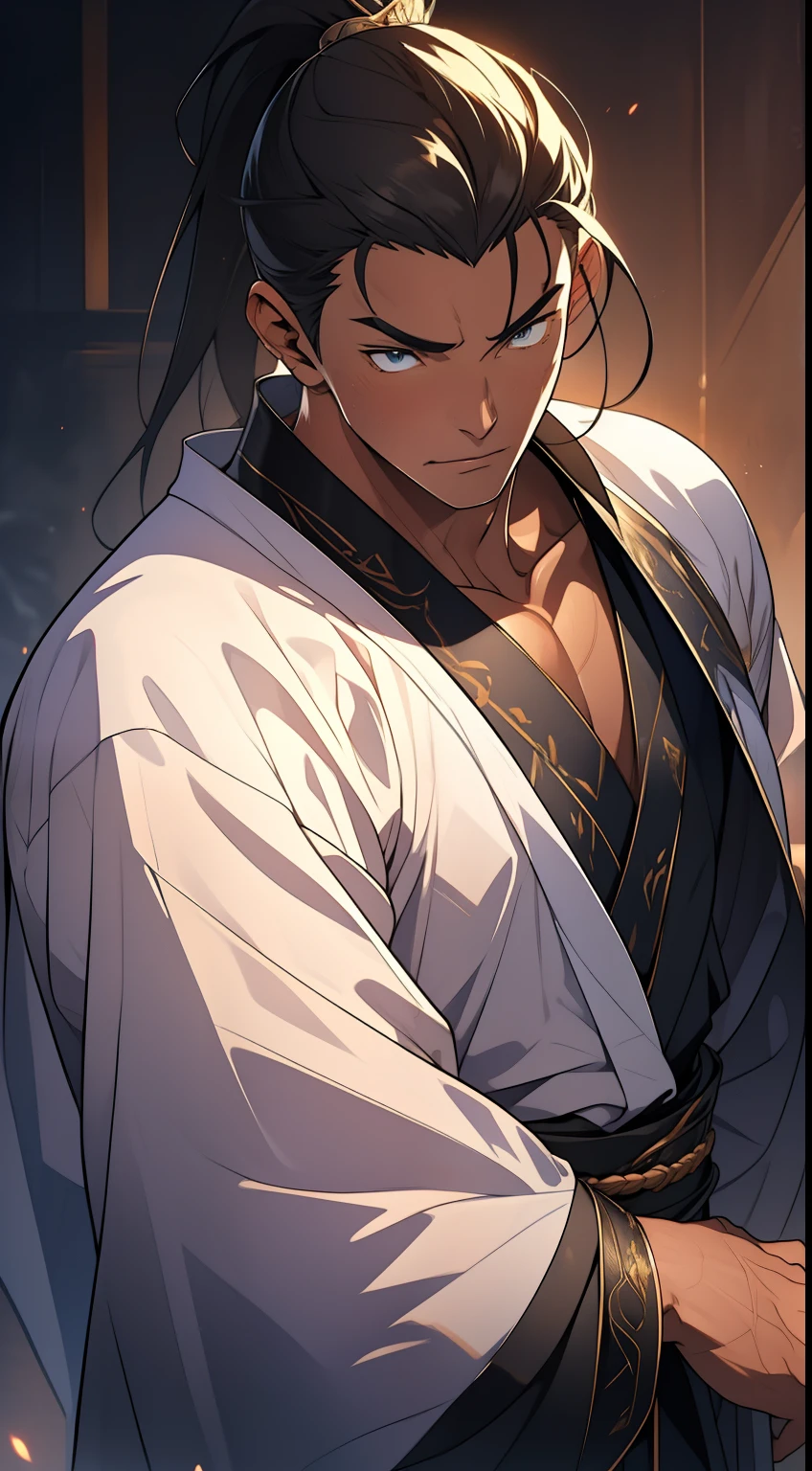quadratic element,style of anime,mtu(Male Warrior),The proportions are correct,Face details,swordsmen,High ponytail hairstyle,Neck details,There is an Adam's apple,White robe,kaftan,long white robe,clothes details,Handing over,longer sleeves,Game quality,Swordsmanship,Light and shadow tracking,Ray traching,detailed glow,cg render,hair detail,cabelos preto e longos,blue colored eyes,Handsome,Handsome,(juvenile sense),Clothing is complicated,Perfectcomposition,Refinement,high qulity,higher details,Lots of details,The background is complex,a sense of atmosphere,