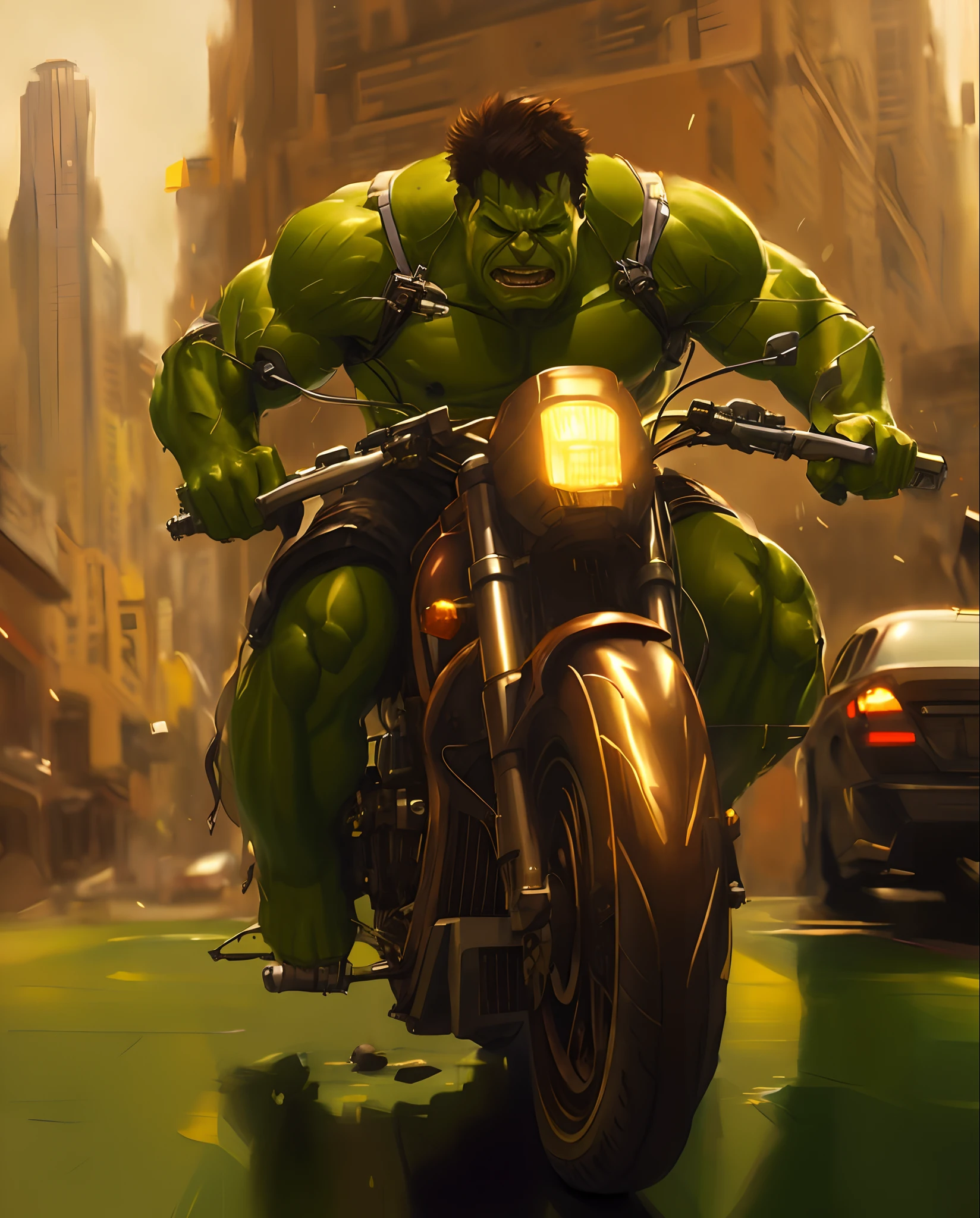 Hulk  musculoso pilotando uma HARLEY DAVIDSON na chuva em uma rua da cidade Ciber punk , Wojtek FUS, O Hulk, Directed by: Rudy Siswanto, Arte conceitual da Marvel, Hulk, Retrato do Hulk, Incredible hulk, epic comic book art, Excessivo, Hulkish, inspirado em Rudy Siswanto, Directed by: Marek Okon, Arte Marvel, James Gurney Estilo de pintura ,128k