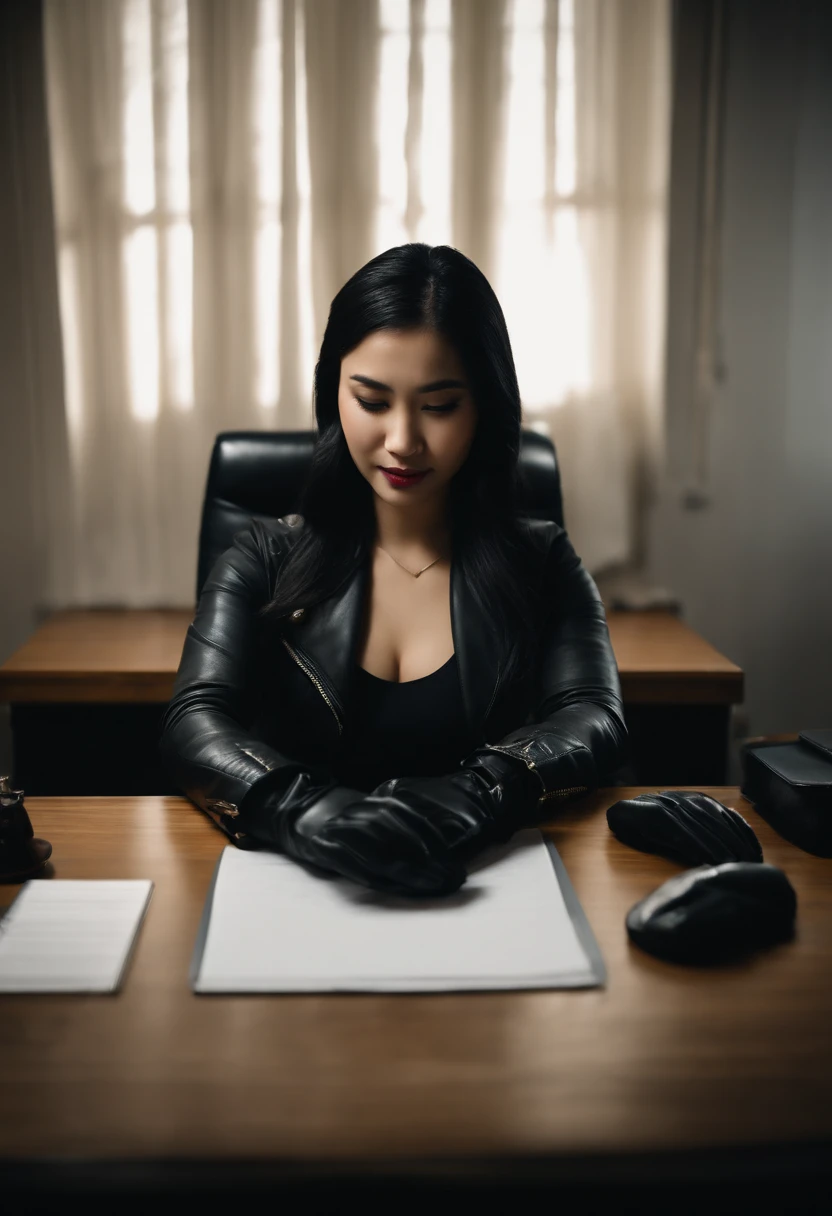 Wearing black leather gloves in both hands Upper body Black leather riders jacket Necklace on the chest Facing the desk in the modern study in the dark, looking down and smiling, long straight black hair Young Japanese woman (black leather gloves covering both hands) Sitting on a chair with the fingers of black leather gloves and working on the computer
