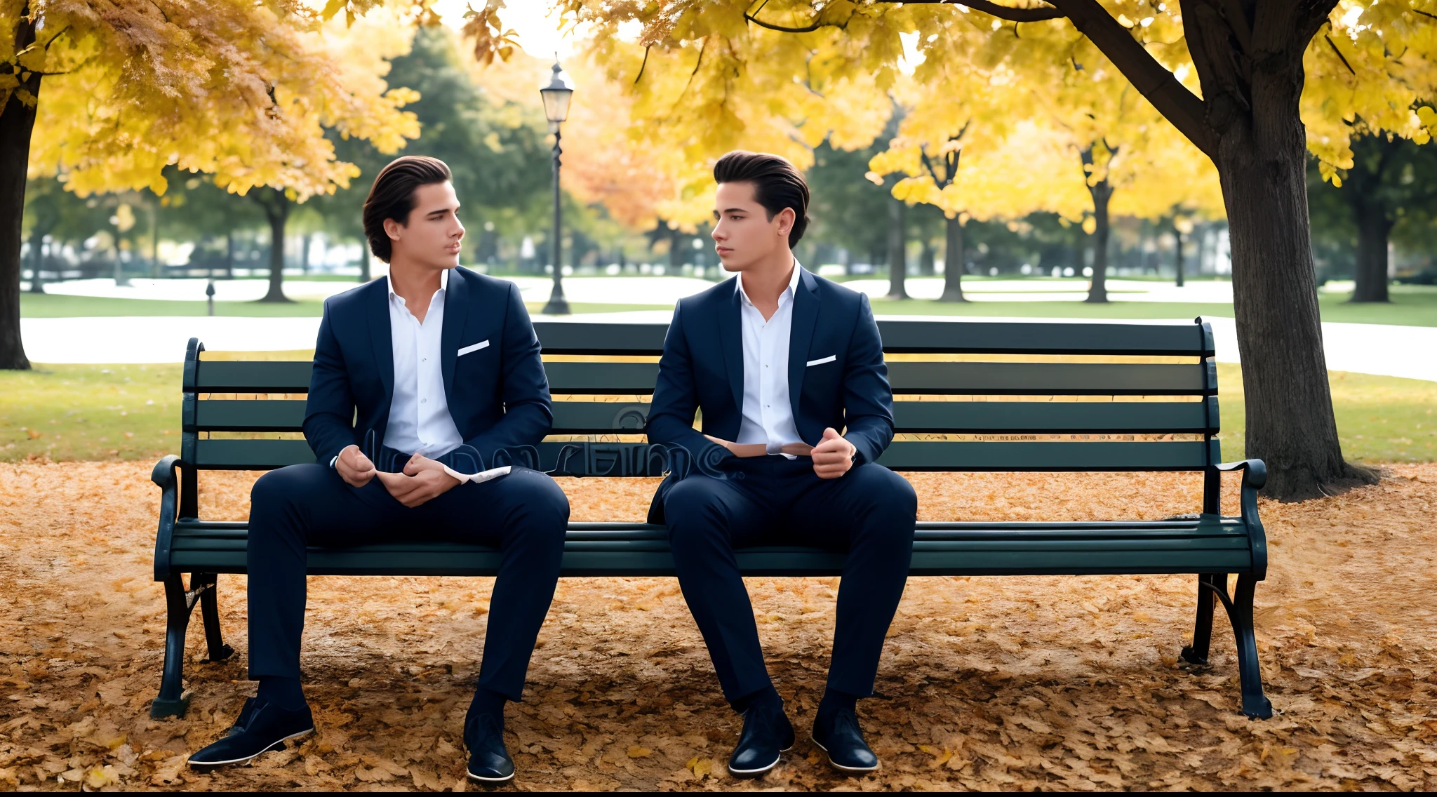 Handsome young man, short straight or wavy hair, alone, looking around, sitting on a park bench, on an autumn afternoon, Classic 3D illustration, High quality graphic and detailed.