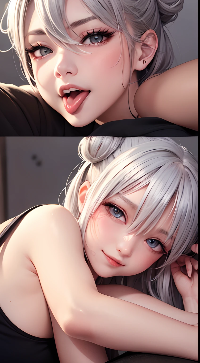 Be red in the face, nakeness, silver hair, double bun, rolling eyes, horizontal pupils, blush, shy, tongue out, seductive smile, backlighting, textured skin, high details, high quality