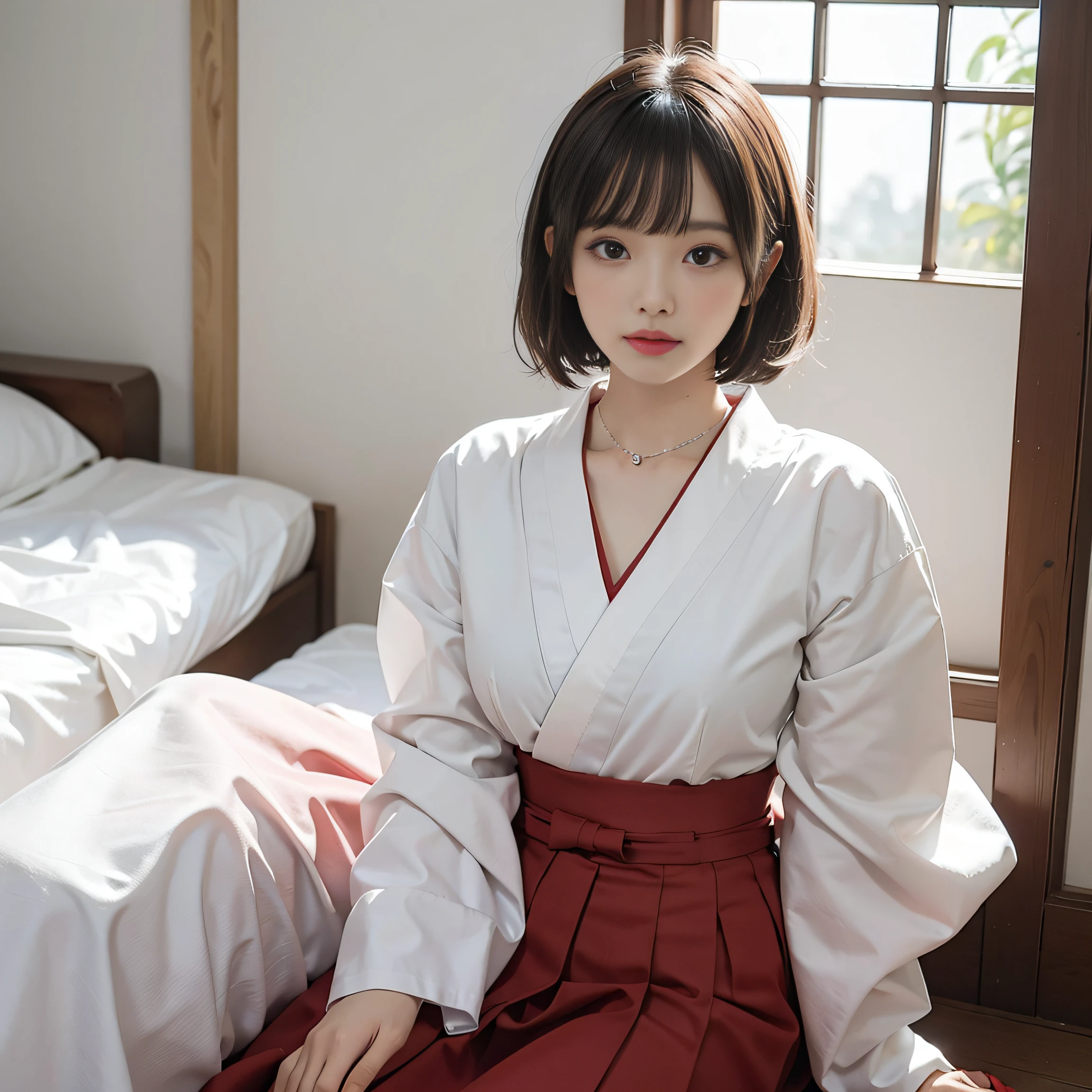 arafed asian woman with a white shirt and a necklace, With short hair, white hime cut hairstyle, neat hair with bangs, with short hair with bangs, real life anime girl, the face of a beautiful Japanese girl, girl cute-fine-face, cute natural anime face, young cute wan asian face, With bangs, Korean Girl, Woman in red skirt and white shirt is taking pictures, japanese girl school uniform, hakama kimono, Japan school uniform, Collar white and red, A Japanese style, Red kimono, Japanese style, traditional japanese, Wearing Hakama, japanese kimono, The background is indoor，No bra，feet visible ，You can see the valley ，cleavage of the breast ，Furisode ，Wide sleeves ，Wearing a priestess uniform ，shoulders can be seen ，Shoulder skin is visible ，Shoulders exposed ，Chest revealed ，The chest is visible