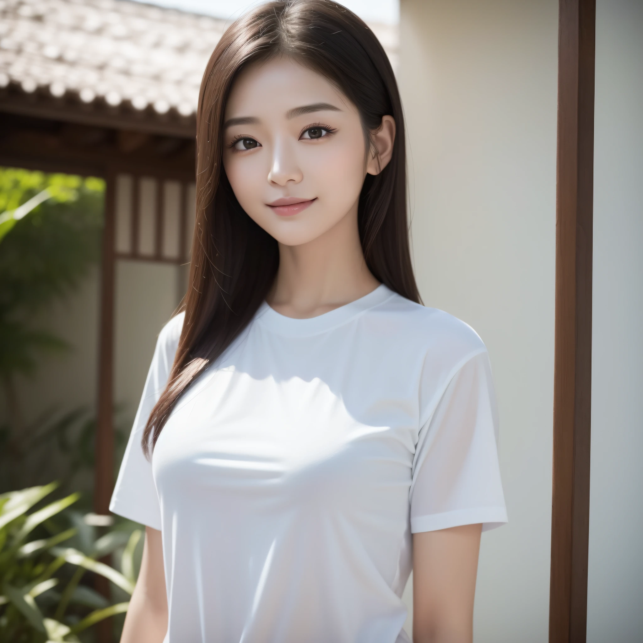 One lady、((best qualtiy、8k masterpieces:1.3))、foco nítido:1.2、(ultra beautiful faces:1.0)、(shinny skin:1.0)、photos realistic、A dark-haired、Video Lighting、High-definition eyes and face、Video Lighting、Japan actress with Korean-style makeup、from the front side、medium breasts、Smile、Slender Abs Beauty、Whole body、wearing t-shirts、At the shrine in the early morning