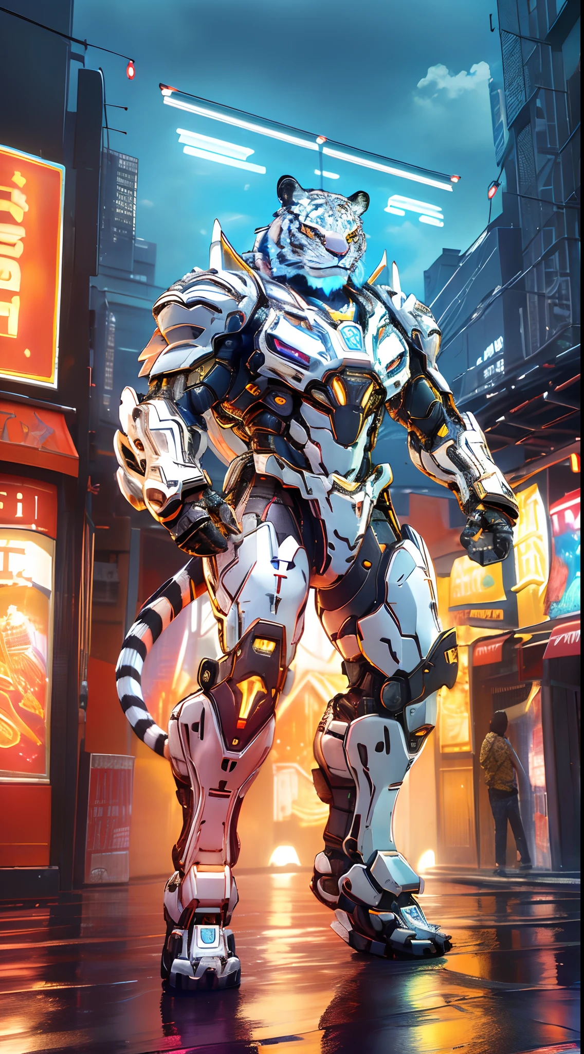 ((masterpiece)), ((best quality)), 8k, high detailed, ultra-detailed, sky, animalbot,mecha, tiger, full body, glowing,  cinema light, neon, colorful,