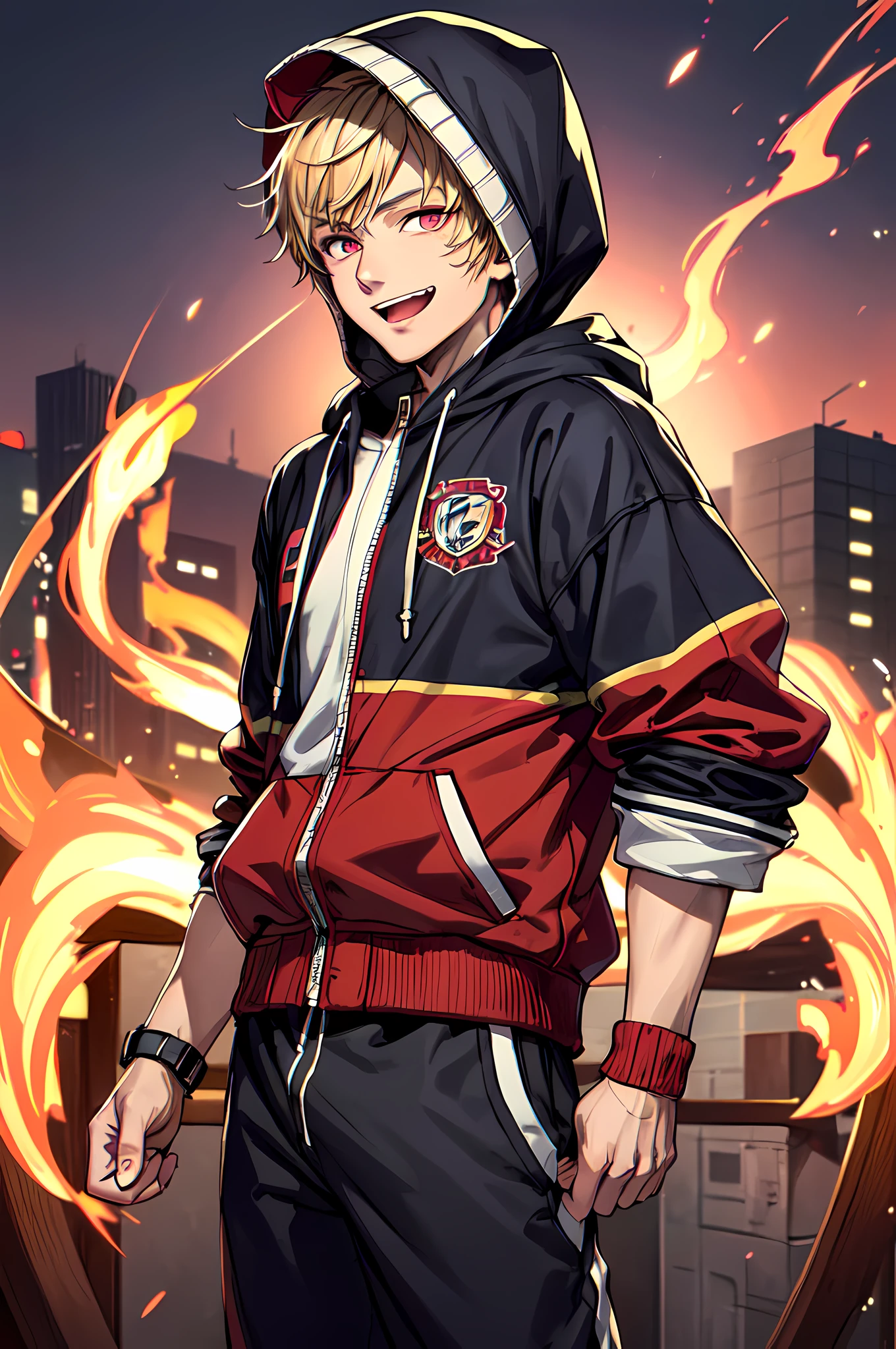 best quality,masterpiece,original,extremely detailed wallpaper,looking at viewer,1boy,solo,male,male focus,flames eyes,letterman_jacket,striped joggers,giggling,glowing,lighning,(hood1:1),standing,