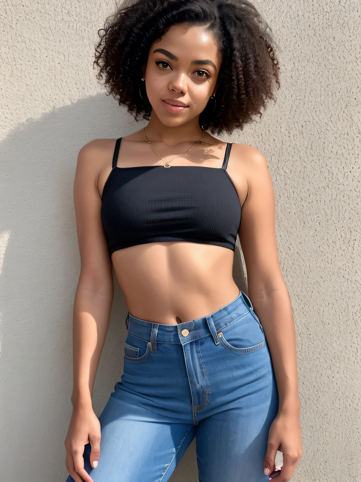 young lady looks like Tessa Thompson, ager, with curly haired, curls and curves hair, gorgeous lady, tinyest midriff ever, skinned African young girl, light skin,