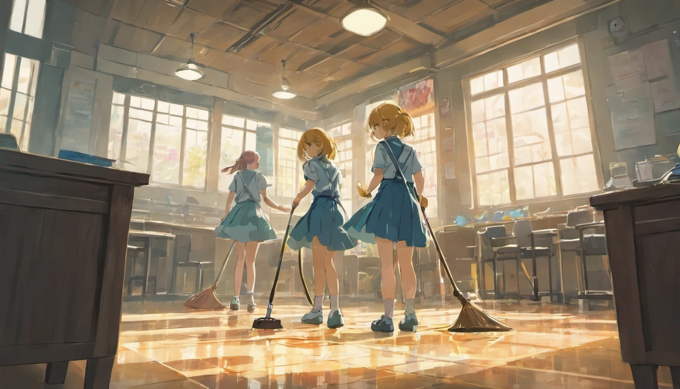 2 girls Classroom Uniform Mopping floor sweeping Window cleaning Cleaning