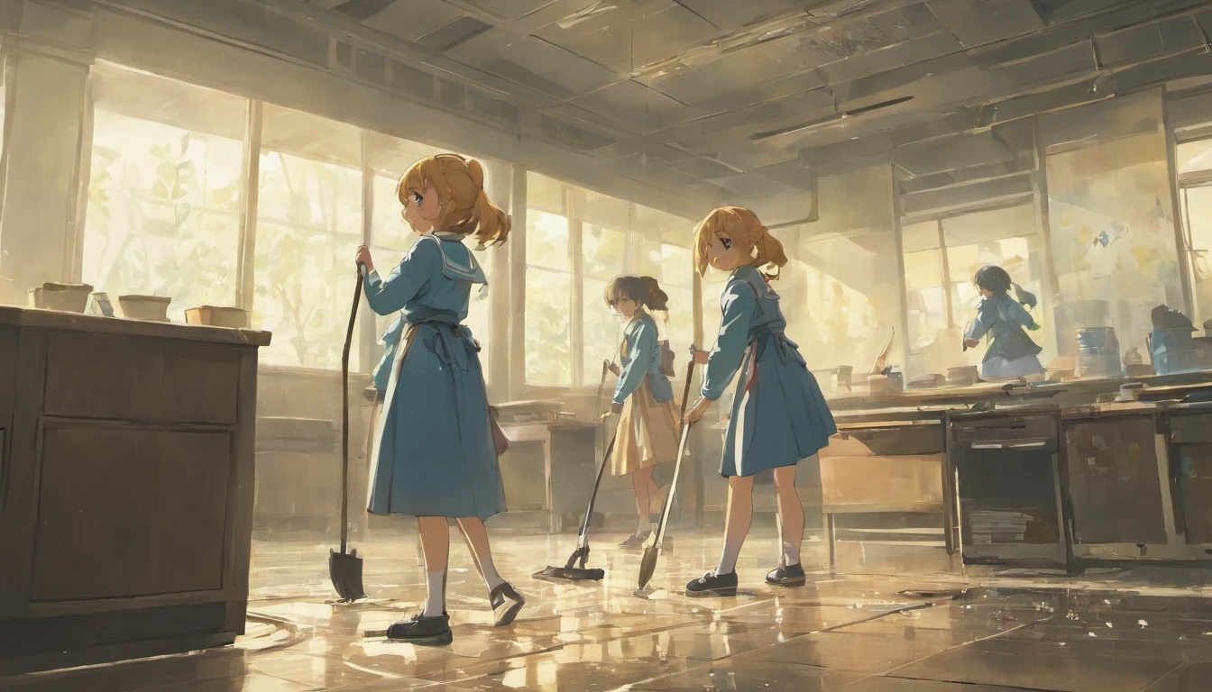 2 girls Classroom Uniform Mopping floor sweeping Window cleaning Cleaning