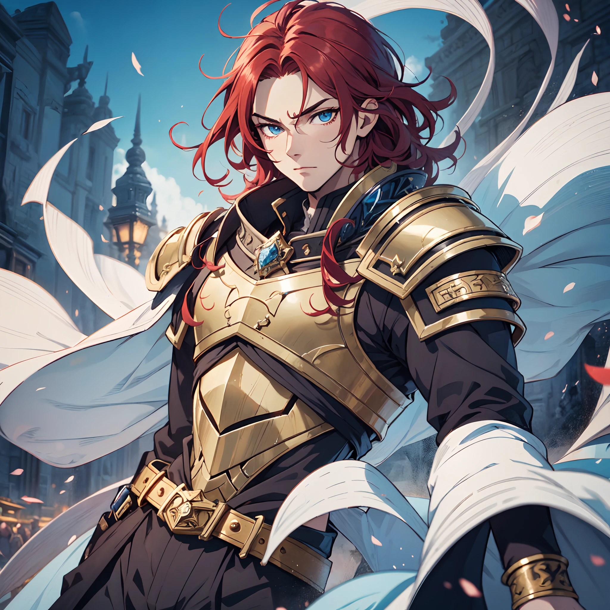 Ultra High Definition, Ultra High Quality, Extremely Detailed, Perfectly Detailed, Masterpiece, 8k, 1 Boy, Look A Like Xin From Kingdom Anime, Handsome, Equipped With Royal Knight Armor, Solid Light Blue Eyes, Long Red Hair, Body Shot, Ancient Kingdom Background