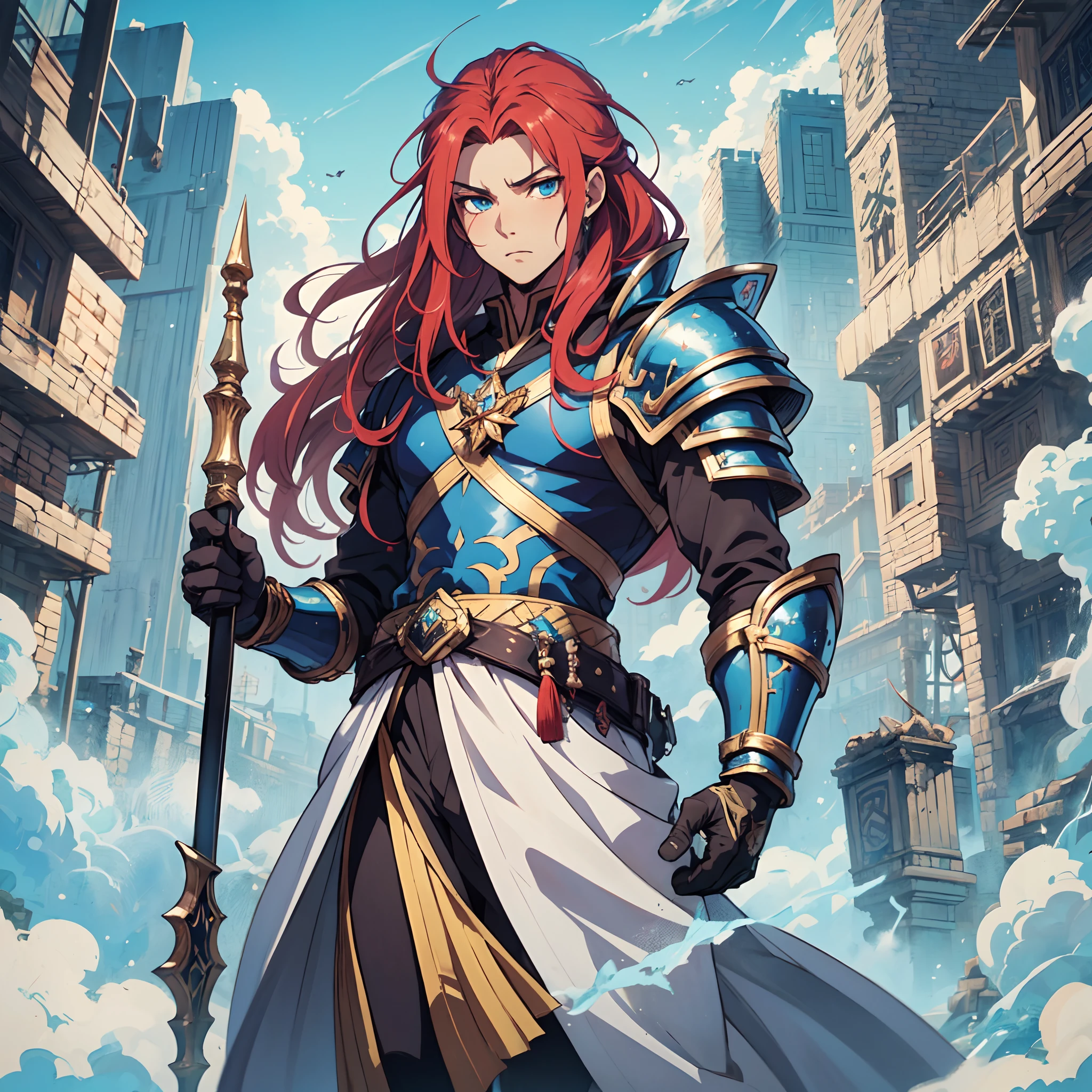 Ultra High Definition, Ultra High Quality, Extremely Detailed, Perfectly Detailed, Masterpiece, 8k, 1 Boy, Look A Like Xin From Kingdom Anime, Handsome, Equipped With Royal Knight Armor, Solid Light Blue Eyes, Long Red Hair, Body Shot, Ancient Kingdom Background