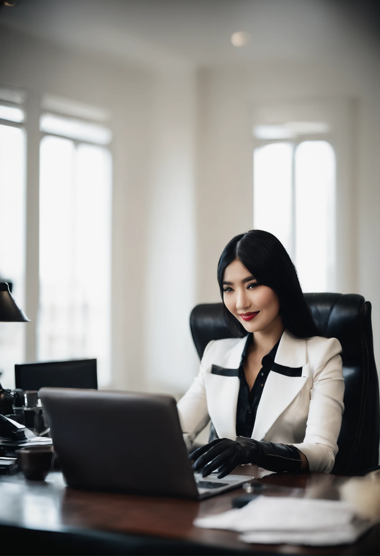 Wearing black leather gloves in both hands Upper body Black leather riders jacket Necklace on the chest Facing the desk in the modern study in the dark, looking down and smiling, long straight black hair Young Japanese woman (black leather gloves covering both hands) Sitting on a chair with the fingers of black leather gloves and working on the computer