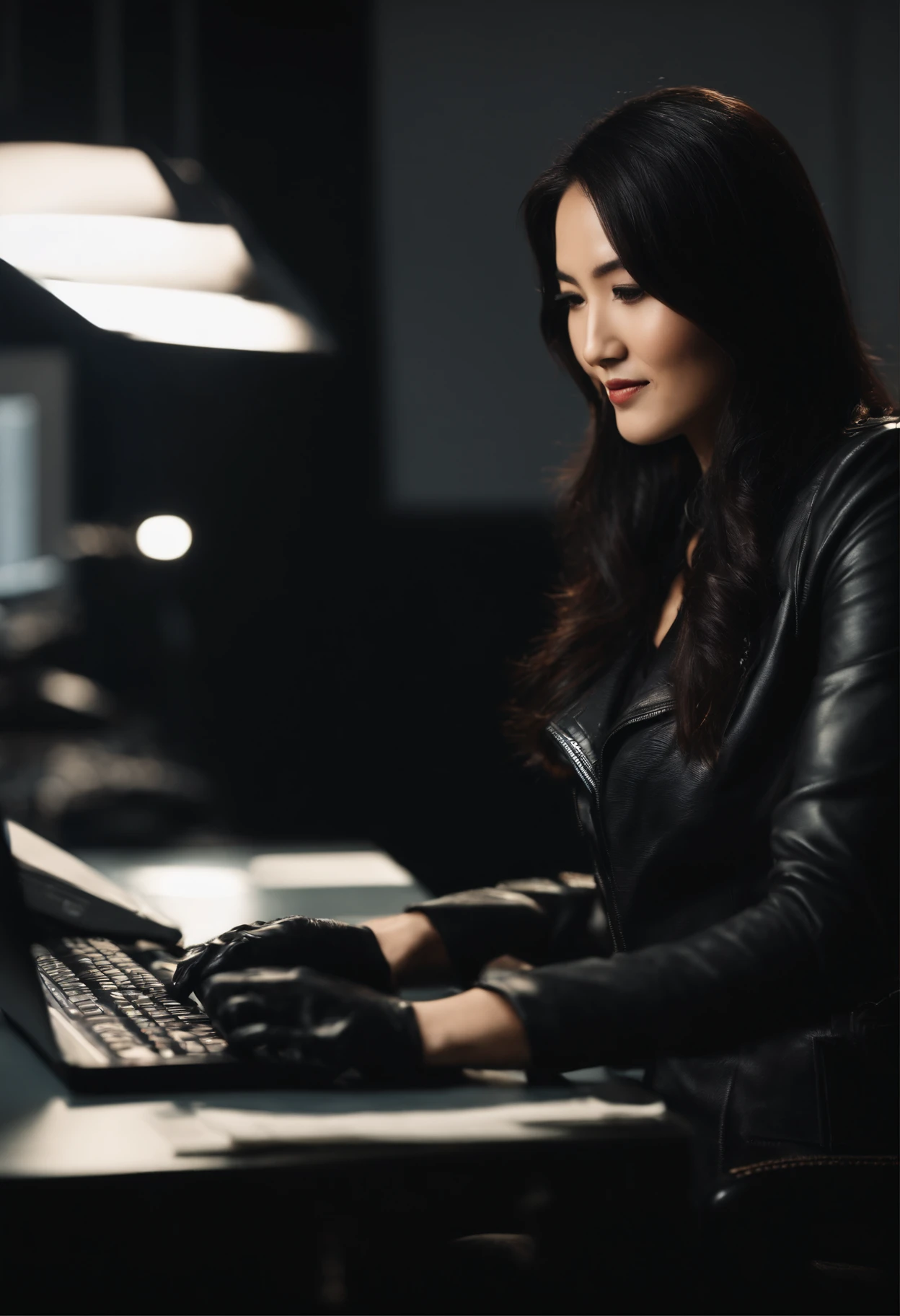 Wearing black leather gloves in both hands Upper body Black leather riders jacket Necklace on the chest Facing the desk in the modern study in the dark, looking down and smiling, long straight black hair Young Japanese woman (black leather gloves covering both hands) Sitting on a chair with the fingers of black leather gloves and working on the computer
