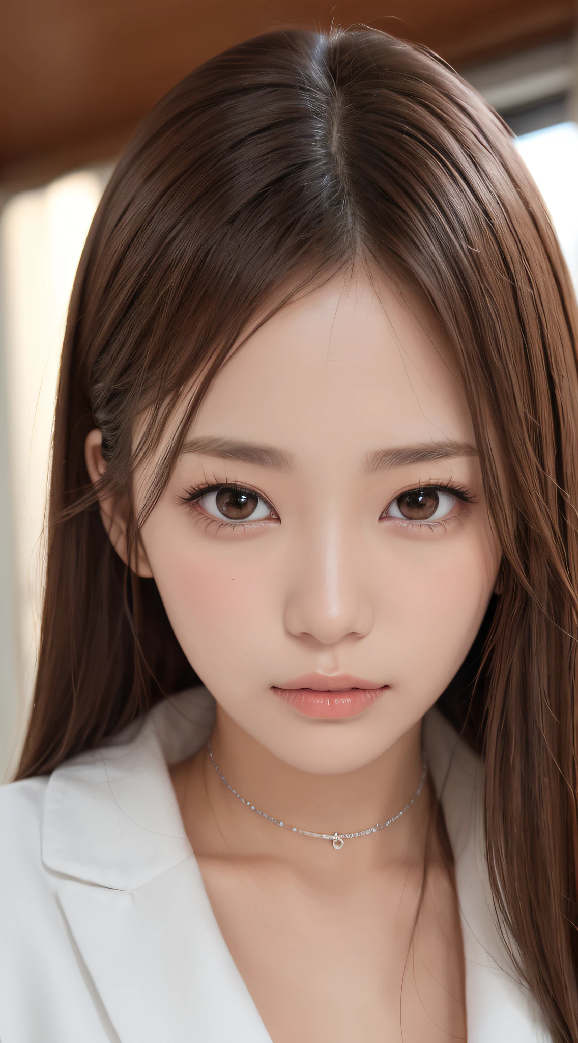 1womanl, (up of face:1.5), light brown hair, Blunt bangs, hair behind ear, hair over shoulder, Long hair, Ultra Fine Face, Thin face, Delicate lips, (beautidful eyes:1.5), thin blush, eyes are light brown,View here, Ultra-thin hands, Ultra-fine fingers, best ratio four finger and one thumb, white longcoat, a choker ,Port Area ,One-person viewpoint,  8K, masutepiece, nffsw, Super Detail, High quality, Best Quality, hight resolution,