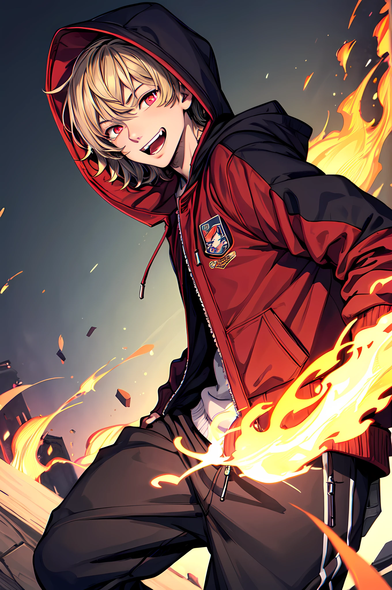 best quality,masterpiece,original,extremely detailed wallpaper,looking at viewer,1boy,solo,male,male focus,flames eyes,letterman_jacket,striped joggers,giggling,glowing,lighning,(hood),