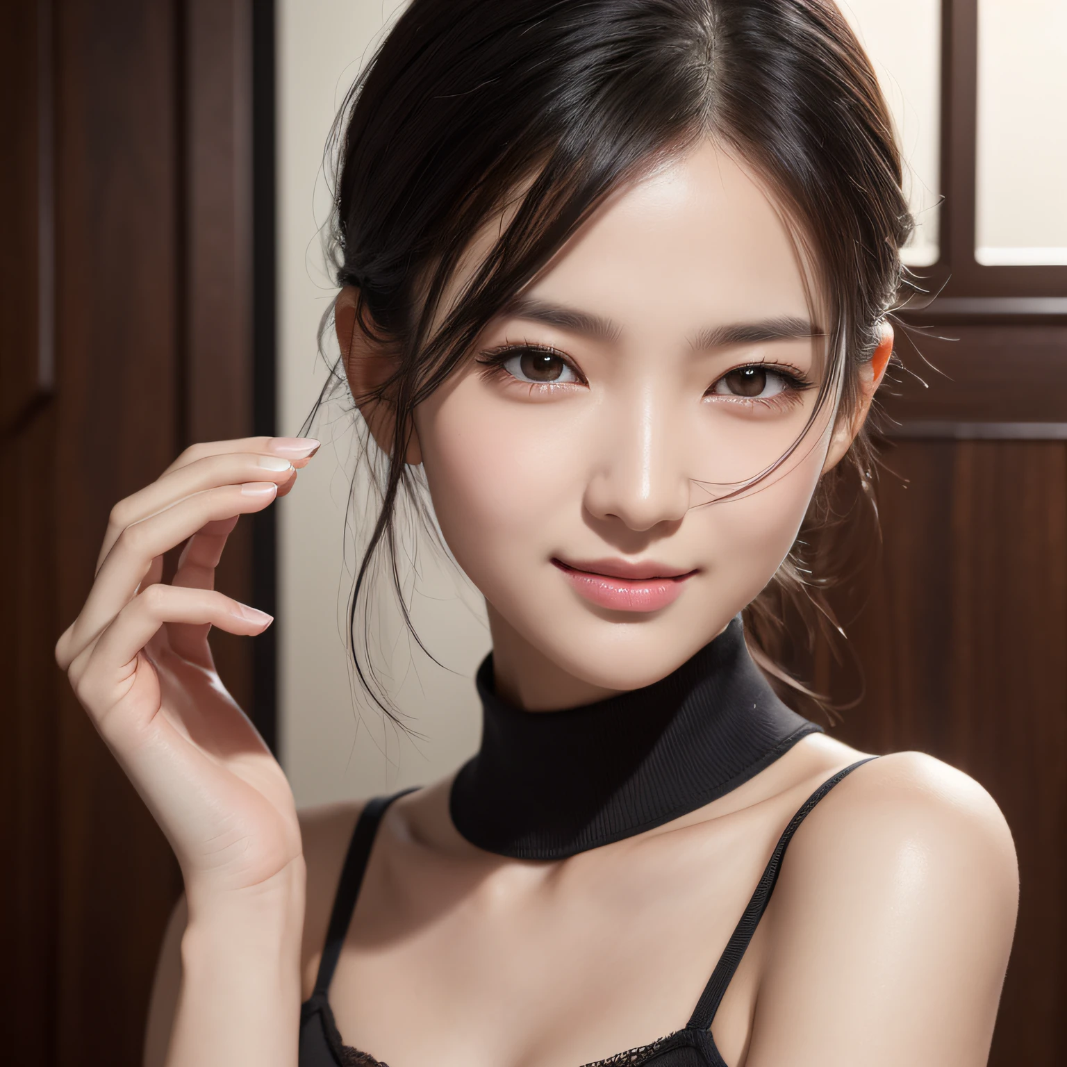 1 girl, short black hair, full body shot, brown eyes, style fashion clothes, coffee shop, absurdess, high res, ultrasharp, 8K, masterpiece, looking at viewer, nationality Korean, smiling sexy, with a prada handbag, high resolution, fine detail, face line, (Realistic, Photorealistic: 1.37), Professional lighting, Photon mapping, Radiosity, Physically Based Rendering, Rich Detail, (Fine Face),(Fine Eyes), (Clear Face), (Detailed Face Description), (Detailed Hand Description), Extreme Light and Shadow, Shiny Skin,