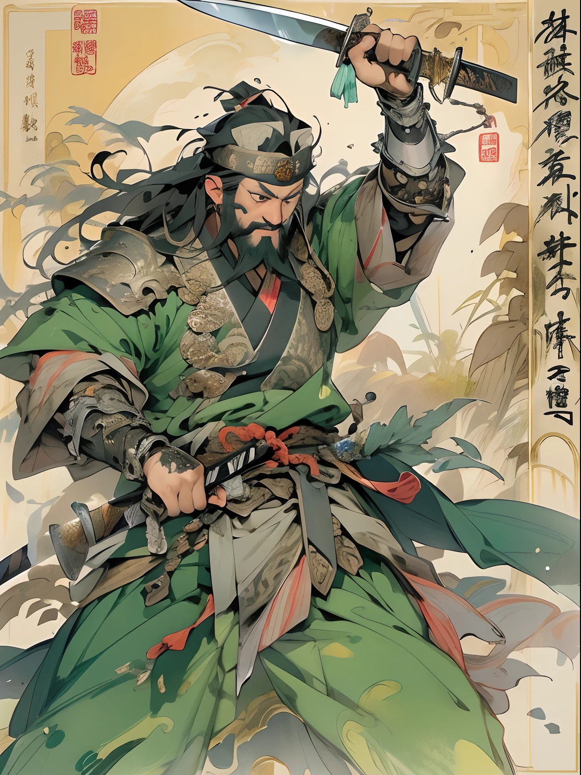 (((China-style,Ink painting method,Half-length portrait,Intense color,Han dynasty, China,Hanfu,Armor,Guan yu,Guan Yunchang,of a guy,Ruddy killing square face,Hold it with your right hand(Close the knife)Qinglong Weir Moon Knife,Stroke your beard with your left hand,Long hair,petty eyes,Green robe))), (((best qualityer))), (((tmasterpiece))), (((AS-Adult))), ((( Japanese ))), Look up from your knees, Handsome Asian samurai,perfect body figure, Modern samurai, ((( Asian))), Wear gloves on your hands,The left arm is made of steel and metal tips,Made of protective devices, The eyes are pulled, (( Appears below the chest )), (( Small dental floss )), Simon Bisley, Almost naked(Simon Bisley)Castle City Wilderness,For high-resolution posters, hair straight, Minimum clothing, armure (Crazy clothes ), Full of tips and rivets, tribal tattoos, (((full bodyesbian))), Straight brunette hair,Colored hair ends