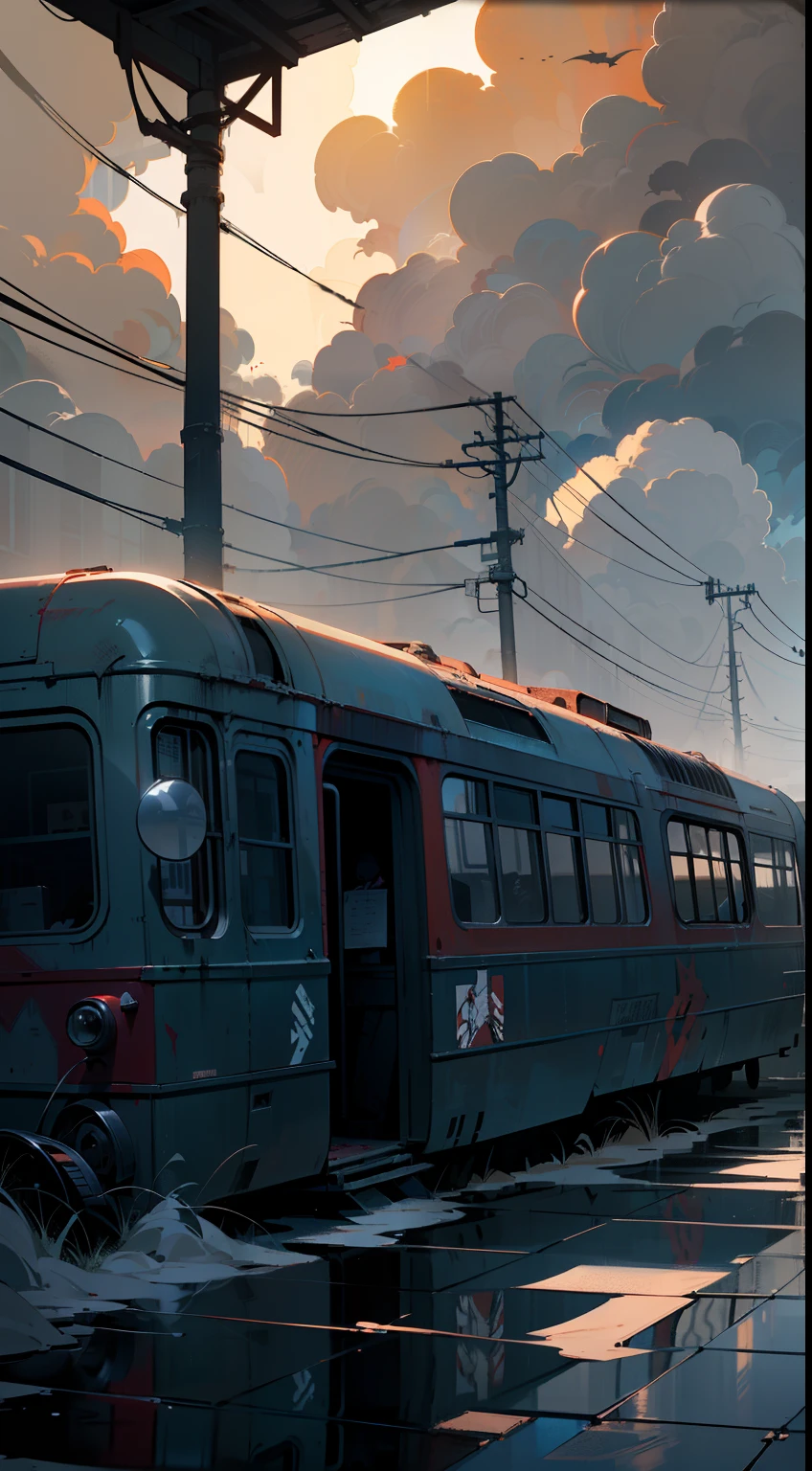 (masutepiece), (Symmetrical framing),(Low horizon), (very dark environment),(suspense feeling),(very contrasting shadows),(main color: Bluish gray),(Secondary color:Clay Red),(Modern buildings in gray cement), Image of the exterior of the abandoned Western-style subway in the 80s, Red brick wall, graffiti on the walls, Cracks, Metal cabin, Glossy sheet, A small puddle reflecting the surroundings, a lot of dirt on the ground, wiring, the dark silhouette of a city in the background, ((very dark closed night)), ((heavy fog)), volume smoke, dim yellow bulb light, ((cloudy ash sky)), reflection of yellowish city light in clouds, pollution,Morning sun shining