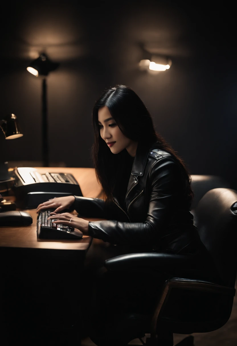 Wearing black leather gloves in both hands Upper body Black leather riders jacket Necklace on the chest Facing the desk in the modern study in the dark, looking down and smiling, long straight black hair Young Japanese woman (black leather gloves covering both hands) Sitting on a chair with the fingers of black leather gloves and working on the computer