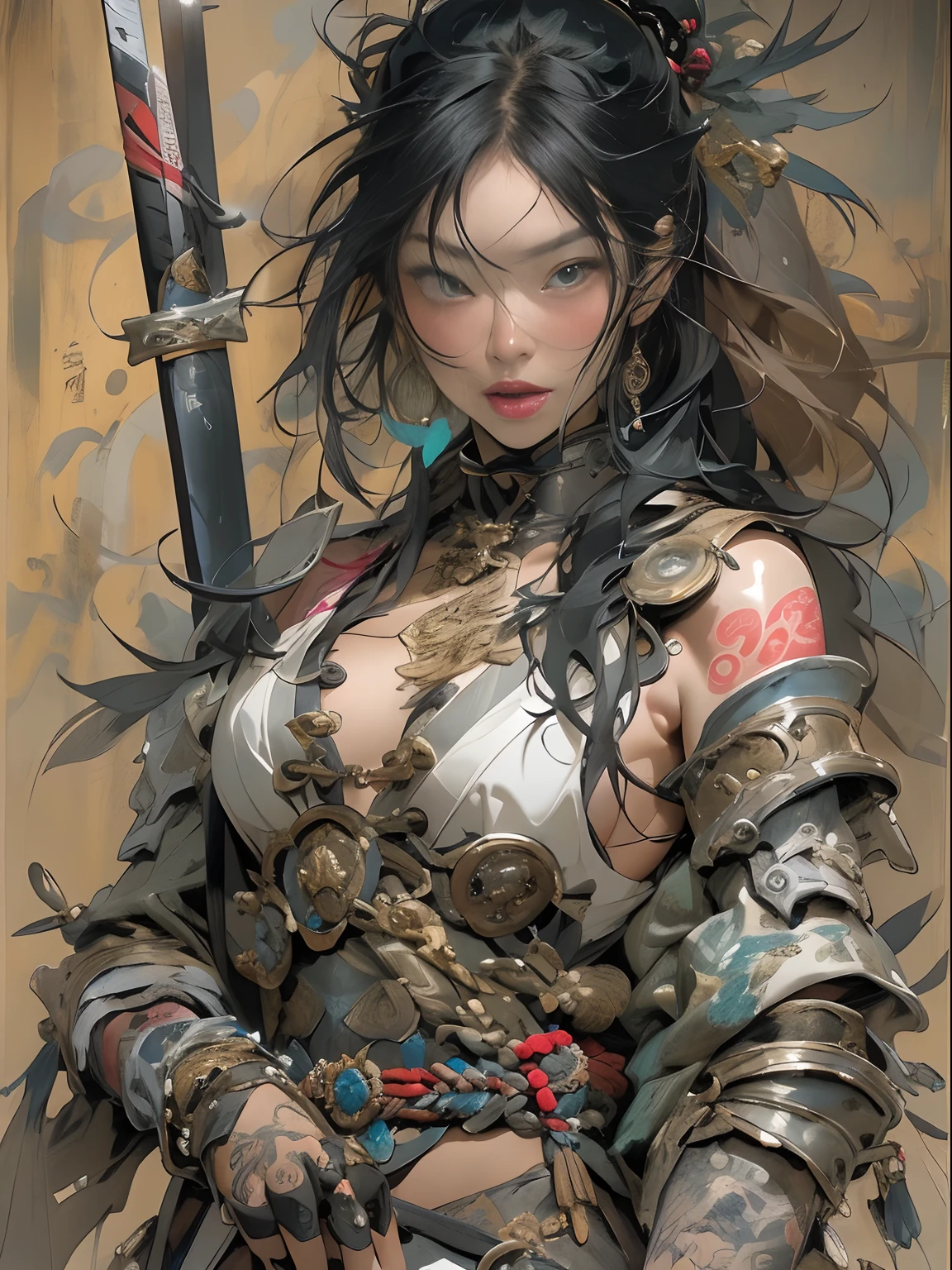 (((woman))), (((best qualityer))), (((tmasterpiece))), (((AS-Adult))), ((( Japanese ))), Look up from your knees, A beautiful asian samurai woman with perfect body, Modern samurai, ((( Asian))), Wear gloves on your hands,The left arm is made of steel and metal tips,Made of protective devices, The eyes are pulled, (( Appears below the breast )), (( Small dental floss )), Simon Bisley, Almost naked(Simon Bisley)Castle City Wilderness,For high-resolution posters, hair straight, Minimum clothing, armure (Crazy clothes ), Full of tips and rivets, tribal tattoos, (((full bodyesbian))), Straight brunette hair,Colored hair ends