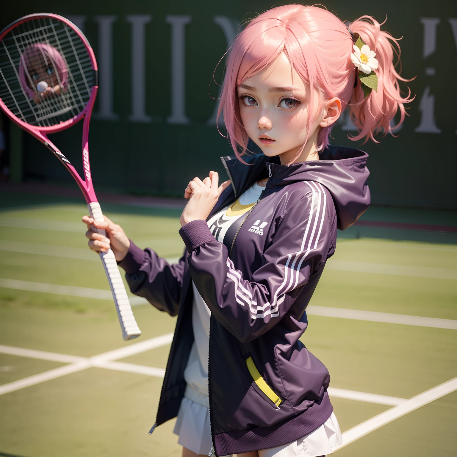 tennis coat,PH Momo, momohd, phmomo, Solo, 1girl in,  Pink hair, Purple eyes, Short hair, Hair Flower, Wear tennis wear, Big eyes, embarrassed,Holding a tennis racket in his right hand,The left hand does not hold anything,