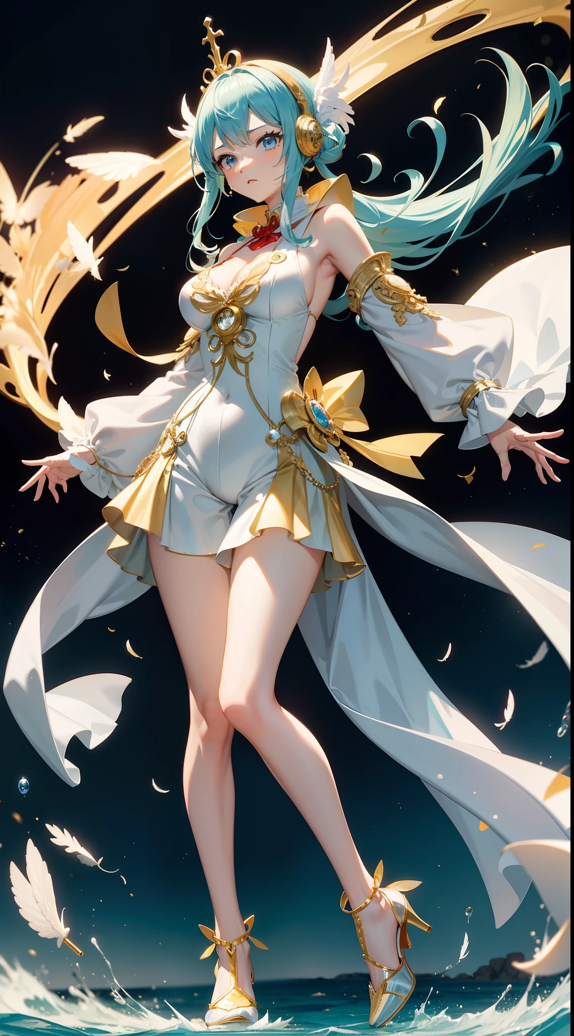 One Piece fantasy singer UTA, one piece art style, Red ribbon shape hairstyle, Wearing a set of gold cone-shaped headphones，A light blue band is worn on the ears, White maid jumpsuit, Gold gloves, Gold armor shoes, Cute zippered trench coat, Bare shoulders，Feathers mixed color wings, Scarf, A captivating idol aura, Surrounding musical symbol effects, Perfect body shape, Masterpieces, Fantasy art, Ultimate body detail, high resolution, Anime 4K wallpaper quality, Huge stage background
