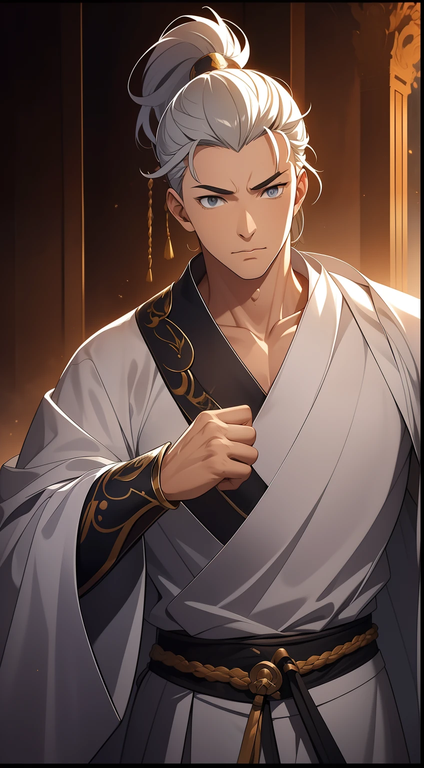 quadratic element,style of anime,mtu(Male Warrior),The proportions are correct,Face details,swordsmen,High ponytail hairstyle,Neck details,There is an Adam's apple,White robe,kaftan,long white robe,clothes details,Handing over,longer sleeves,Game quality,Swordsmanship,Light and shadow tracking,Ray traching,detailed glow,cg render,hair detail,cabelos preto e longos,blue colored eyes,Handsome,Handsome,(juvenile sense),Clothing is complicated,Perfectcomposition,Refinement,high qulity,higher details,Lots of details,The background is complex,a sense of atmosphere,
