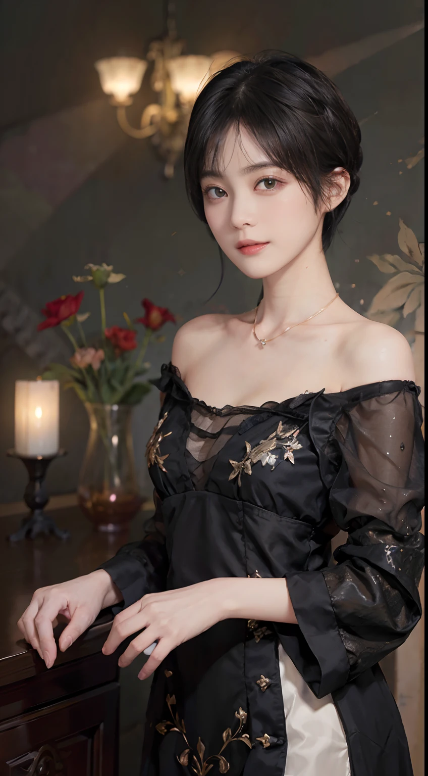 ((1womanl)),  (((Black-short-hair))), （masuter piece：1,3）、top-quality、​masterpiece、hight resolution、Original、highly detailed wallpaper、dress code、Luxurious necklace, A slight smil、a small face、(breast)、(light on face)、Live-action style, Beautiful facial features, darkened room, ((Hu Dilan))