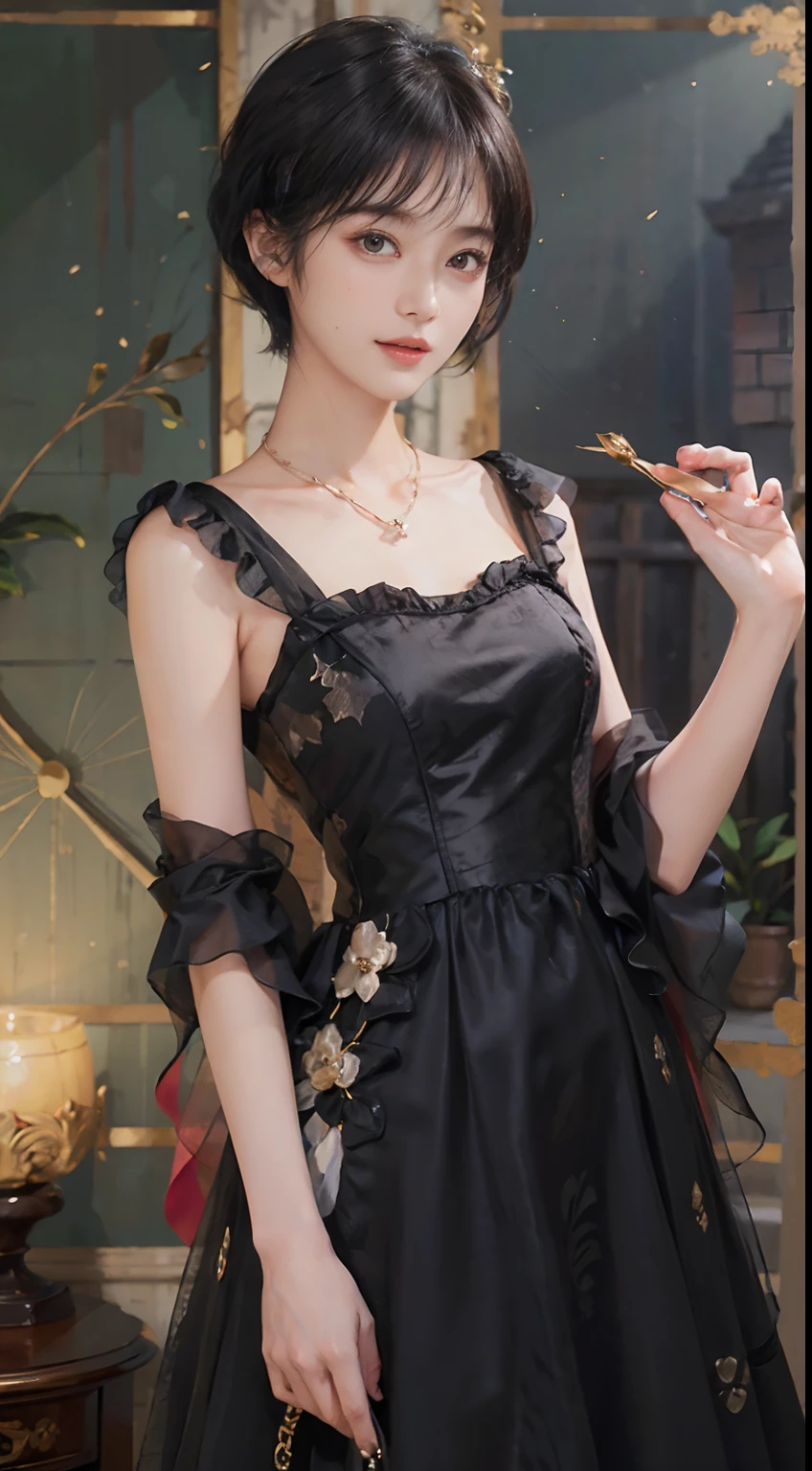 ((1womanl)), (((Black-short-hair))), (masuter piece:1,3)、top-quality、masterpiece、hight resolution、Original、highly detailed wallpaper、dress code、Luxurious necklace, A slight smil、a small face、(breast)、(light on face)、Live-action style, Beautiful facial features, darkened room, ((Hu Dilan))