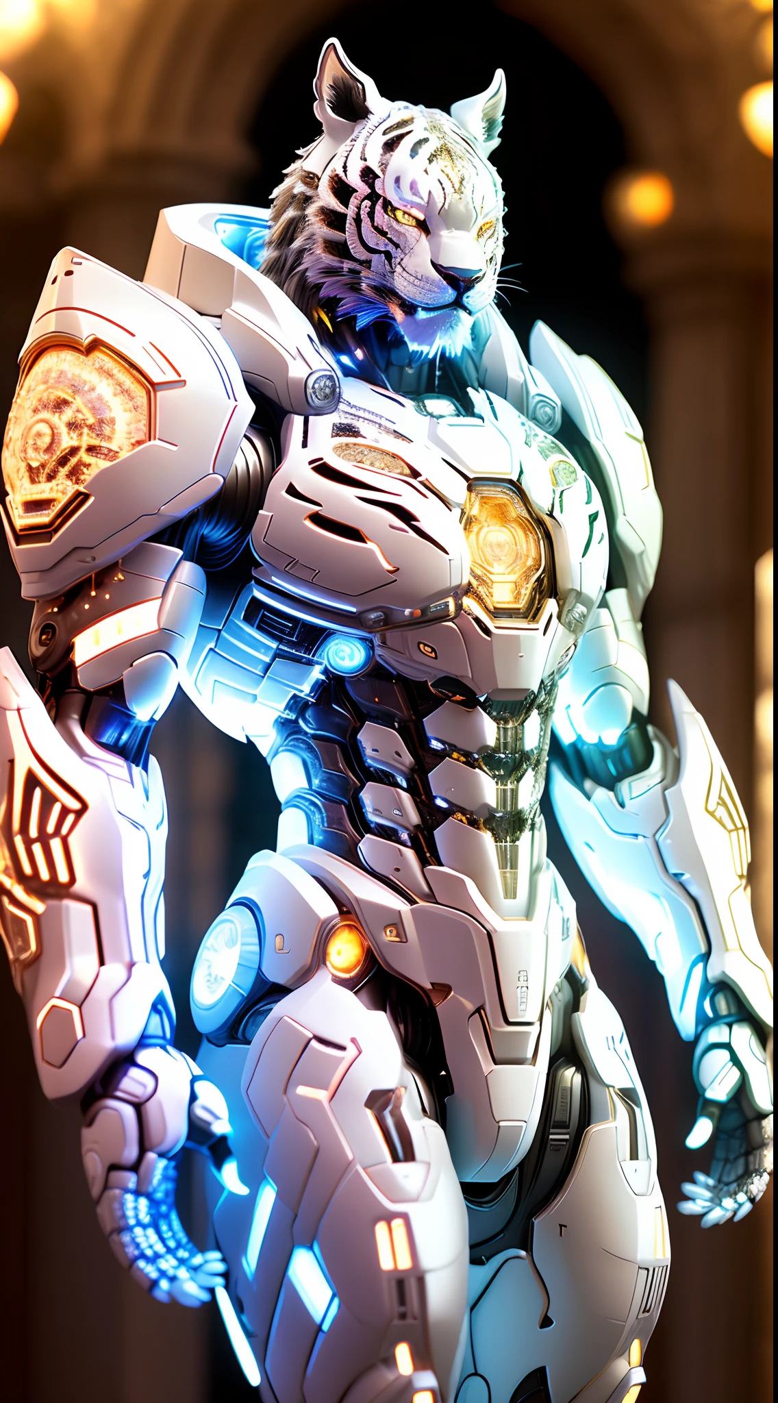 White Tiger - the futuristic biomechanical android, beautiful natural soft light, rim light, gold fractal details, metallic fine lace, muscular, mandelbot fractal anatomical, diamond, facial muscles, elegant, ultra detailed,
