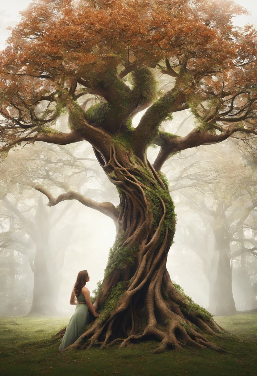 Arbomorph A hug of woman turn into a leafy tree, with roots as legs, branches like arms, some leaves fly on a white background,l