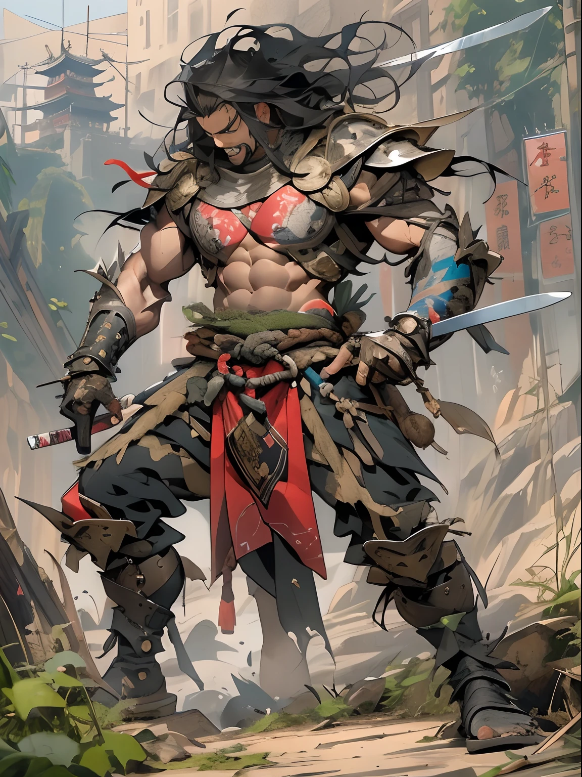 (((mtu))), (((best qualityer))), (((tmasterpiece))), (((AS-Adult))), ((( Japanese ))), Look up from your knees, Handsome Asian samurai，perfect body figure, Modern samurai, ((( Asian))), Wear gloves on your hands，The left arm is made of steel and metal tips，Made of protective devices, The eyes are pulled, (( Appears below the chest )), (( Small dental floss )), Simon Bisley, Almost naked（Simon Bisley）Castle City Wilderness，For high-resolution posters, hair straight, Minimum clothing, armure (Crazy clothes ), Full of tips and rivets, tribal tattoos, (((full bodyesbian))), Straight brunette hair，Colored hair ends