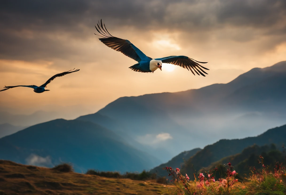 Flying of birds in Nepalese mountain.
