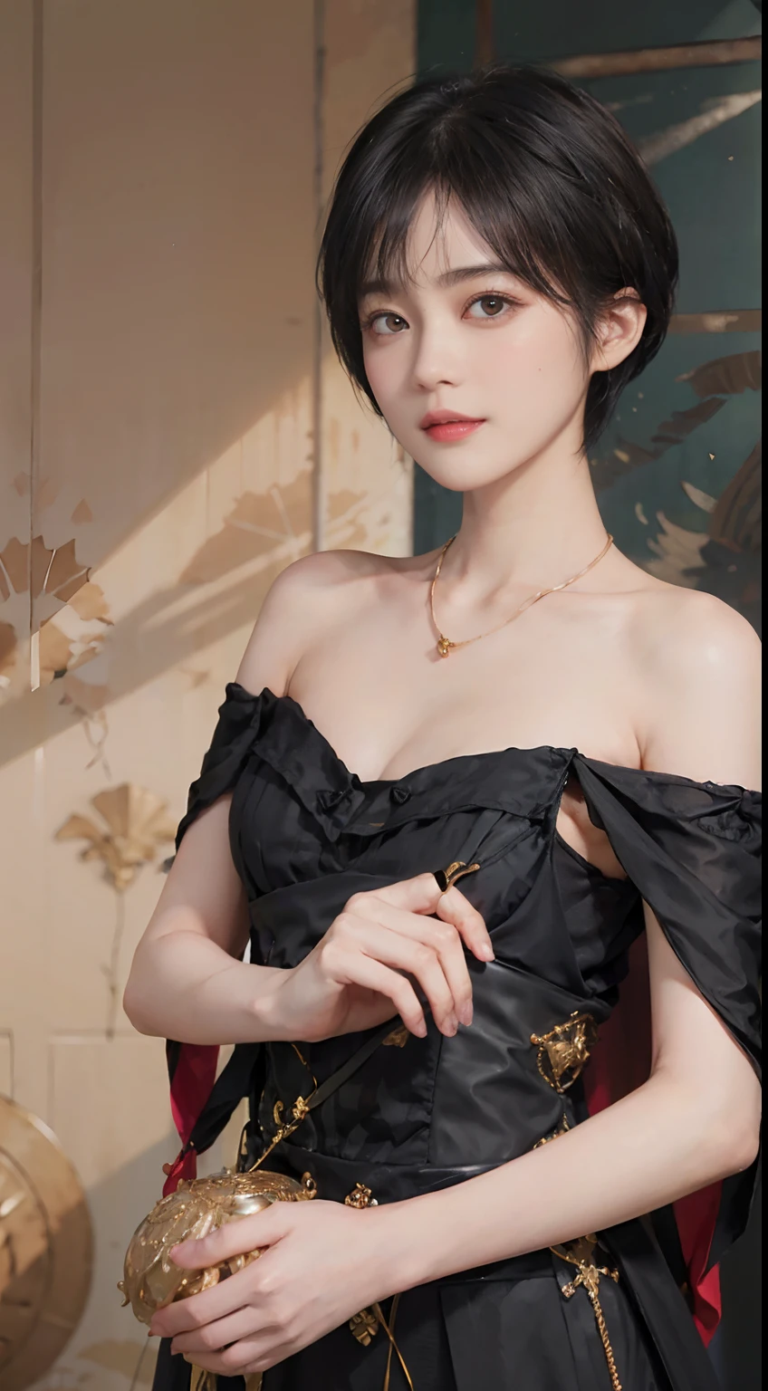 ((1womanl)),  (((Black-short-hair))), （masuter piece：1,3）、top-quality、​masterpiece、hight resolution、Original、highly detailed wallpaper、dress code、Luxurious necklace, A slight smil、a small face、(breast)、(light on face)、Live-action style, Beautiful facial features, darkened room, ((Hu Dilan))