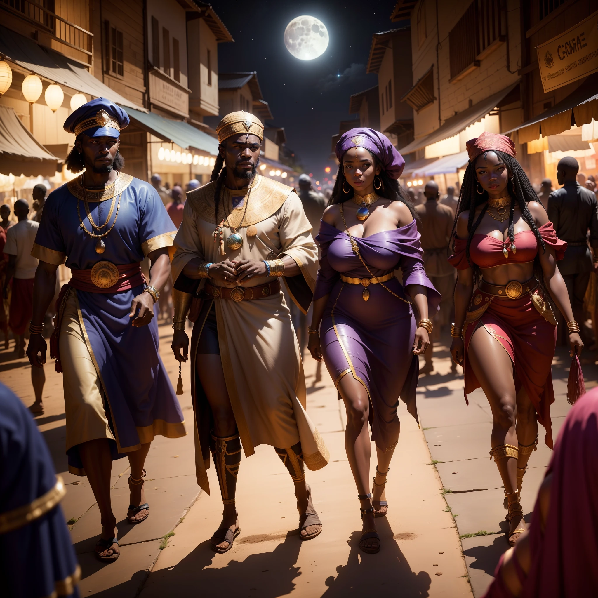 A wide angle shot of a community of an African kingdom, with markets, people walking, night time moon shining, with iridescent light, hyper-realistic image, 32k, ultra HD, cinematic lighting, artgerm style, highly detailed images, vibrant and beautiful colours,