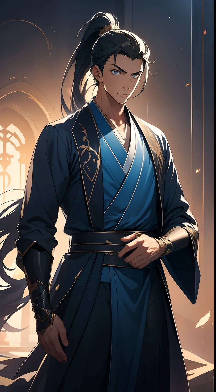 quadratic element，style of anime，mtu（Male Warrior），The proportions are correct，Face details，swordsmen，High ponytail hairstyle，Neck details，There is an Adam's apple，Blue suit，kaftan，long blue robes，clothes details，Handing over，longer sleeves，Game quality，Swordsmanship，Light and shadow tracking，Ray traching，detailed glow，cg render，hair detail，Black long hair，blue colored eyes，Handsome，Handsome，（juvenile sense），Clothing is complicated，Perfectcomposition，Refinement，high qulity，higher details，Lots of details，The background is complex，a sense of atmosphere，