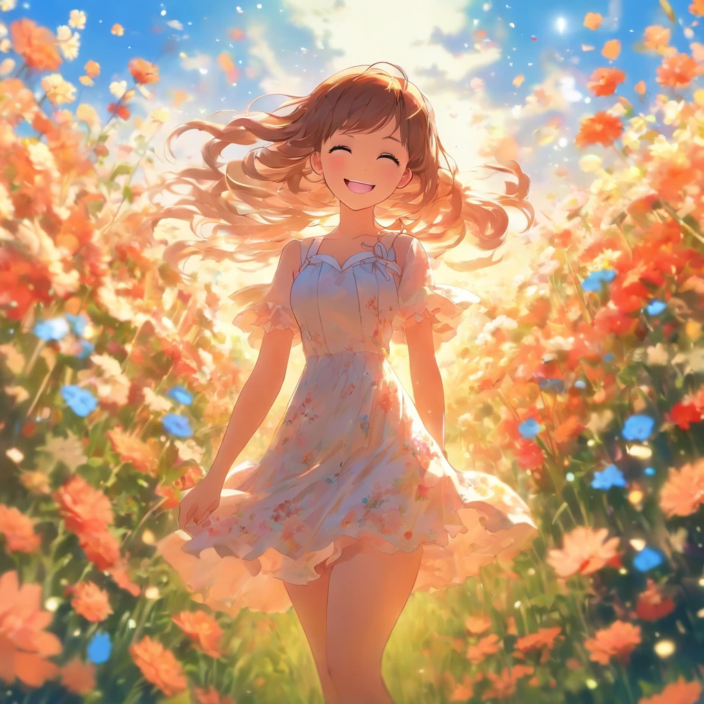 handsome girl, short transparent dress, Walk through the field of flowers, ssmile,