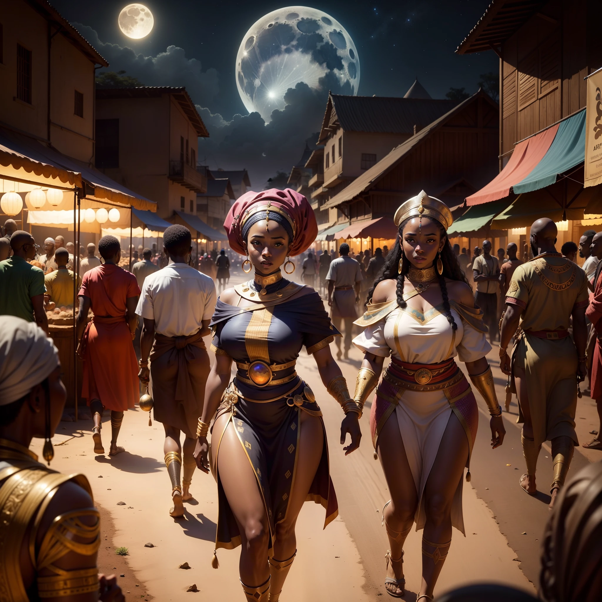 A wide angle shot of a community of an African kingdom, with markets, people walking, night time moon shining, with iridescent light, hyper-realistic image, 32k, ultra HD, cinematic lighting, artgerm style, highly detailed images, vibrant and beautiful colours,