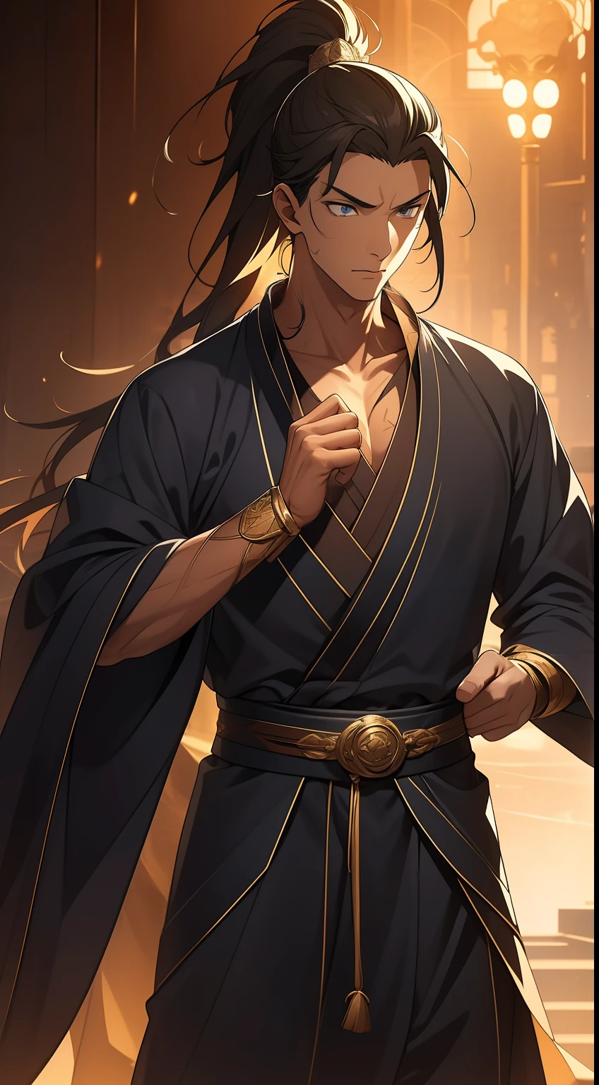 quadratic element,style of anime,mtu(Male Warrior),The proportions are correct,Face details,swordsmen,High ponytail hairstyle,Neck details,There is an Adam's apple,Blue suit,kaftan,long blue robes,clothes details,Handing over,longer sleeves,Game quality,Swordsmanship,Light and shadow tracking,Ray traching,detailed glow,cg render,hair detail,Black long hair,blue colored eyes,Handsome,Handsome,(juvenile sense),Clothing is complicated,Perfectcomposition,Refinement,high qulity,higher details,Lots of details,The background is complex,a sense of atmosphere,