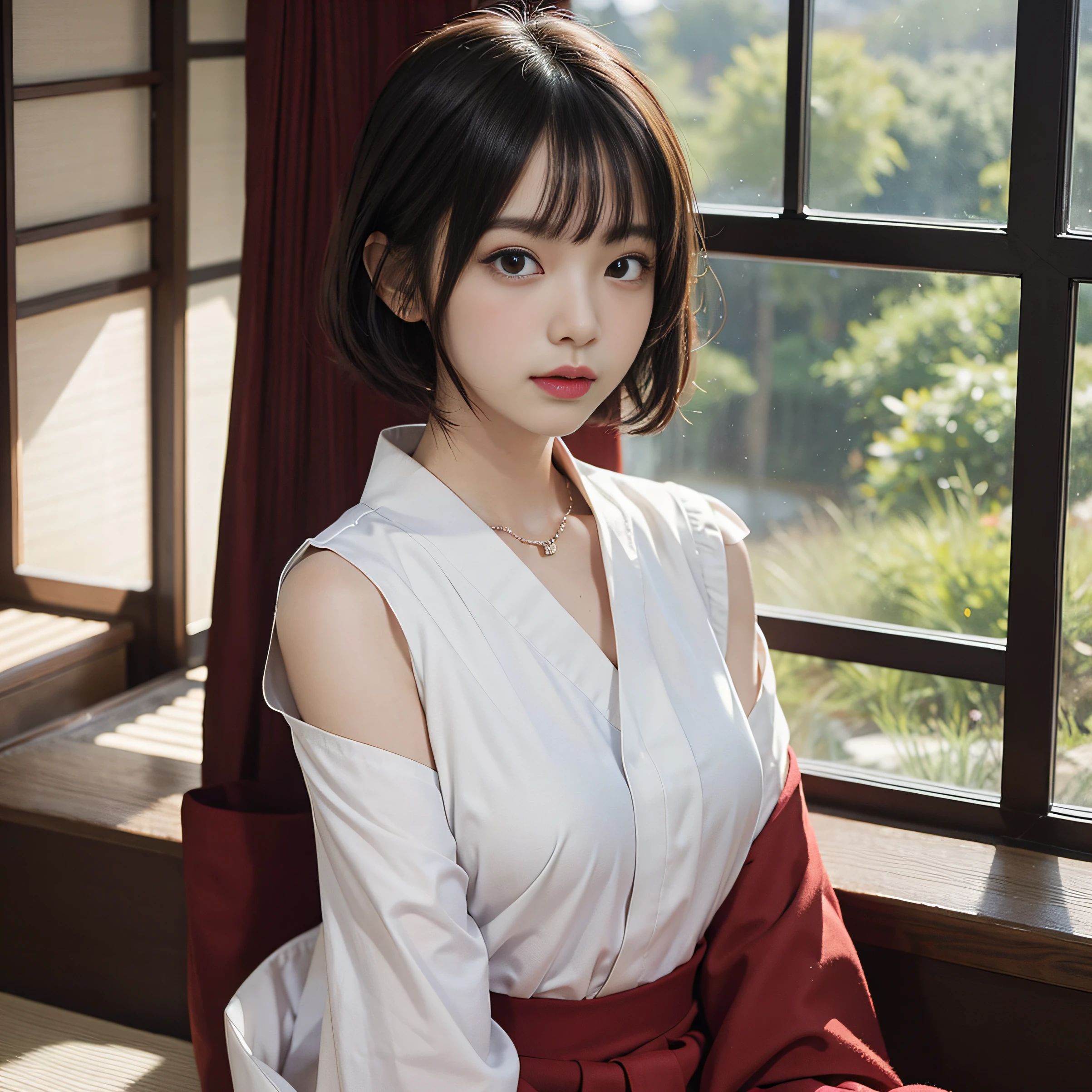arafed asian woman with a white shirt and a necklace, With short hair, white hime cut hairstyle, neat hair with bangs, with short hair with bangs, real life anime girl, the face of a beautiful Japanese girl, girl cute-fine-face, cute natural anime face, young cute wan asian face, Korean Girl, Woman in red skirt and white shirt is taking pictures, japanese girl school uniform, hakama kimono, Japan school uniform, Collar white and red, A Japanese style, Red kimono, Japanese style, traditional japanese, Wearing Hakama, japanese kimono, The background is indoor,No bra,feet visible ,You can see the valley ,cleavage of the breast ,Furisode ,Wide sleeves ,Wearing a priestess uniform ,shoulders can be seen ,Shoulder skin is visible ,Shoulders exposed ,Chest revealed ,The chest is visible