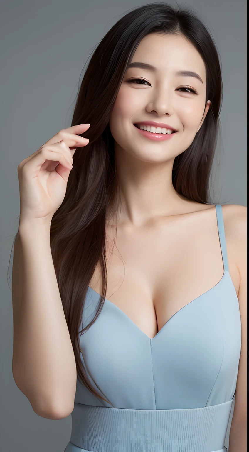 ((top-quality、8K、masterpiece:1.3))、1girl in、Beautiful Japan woman emphasizing slim body line:1.3、(Long hairstyles、tits out:1.2)、Blue dress:1.2、White wall background、full bodyesbian、Beautiful Women in Perfect Style:1.4、Perfect eyes、Even-eyed、Perfect iris、Perfect lips、plump lips、Natural smile、flawless skin、no moles、Super Detail Face、Delicat eyes、二重まぶた、Soft breasts、a smile、cleavage of the breast、The gesture of pulling up the hair