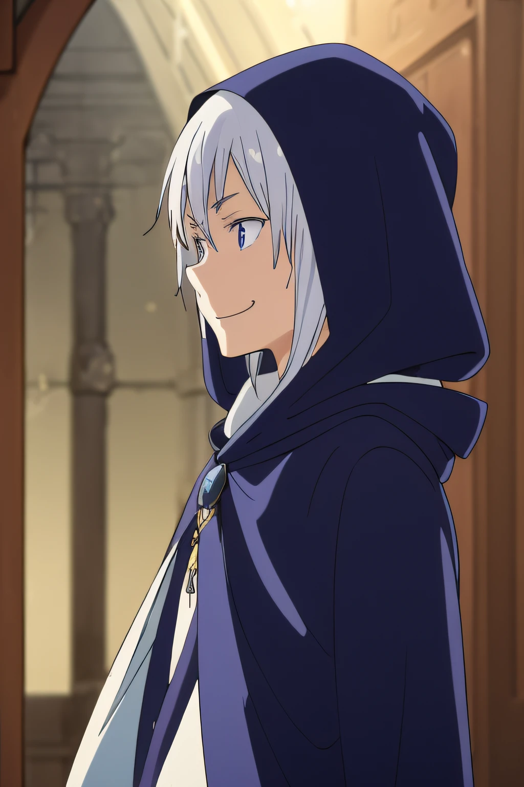 ((best quality)), ((masterpiece)), (detailed), 1boy, young man, white hair, deep blue hood, hood on head, mage cloak, deep blue cloak, smile, smug face, mystical accessories, medieval, arcane, stellar,