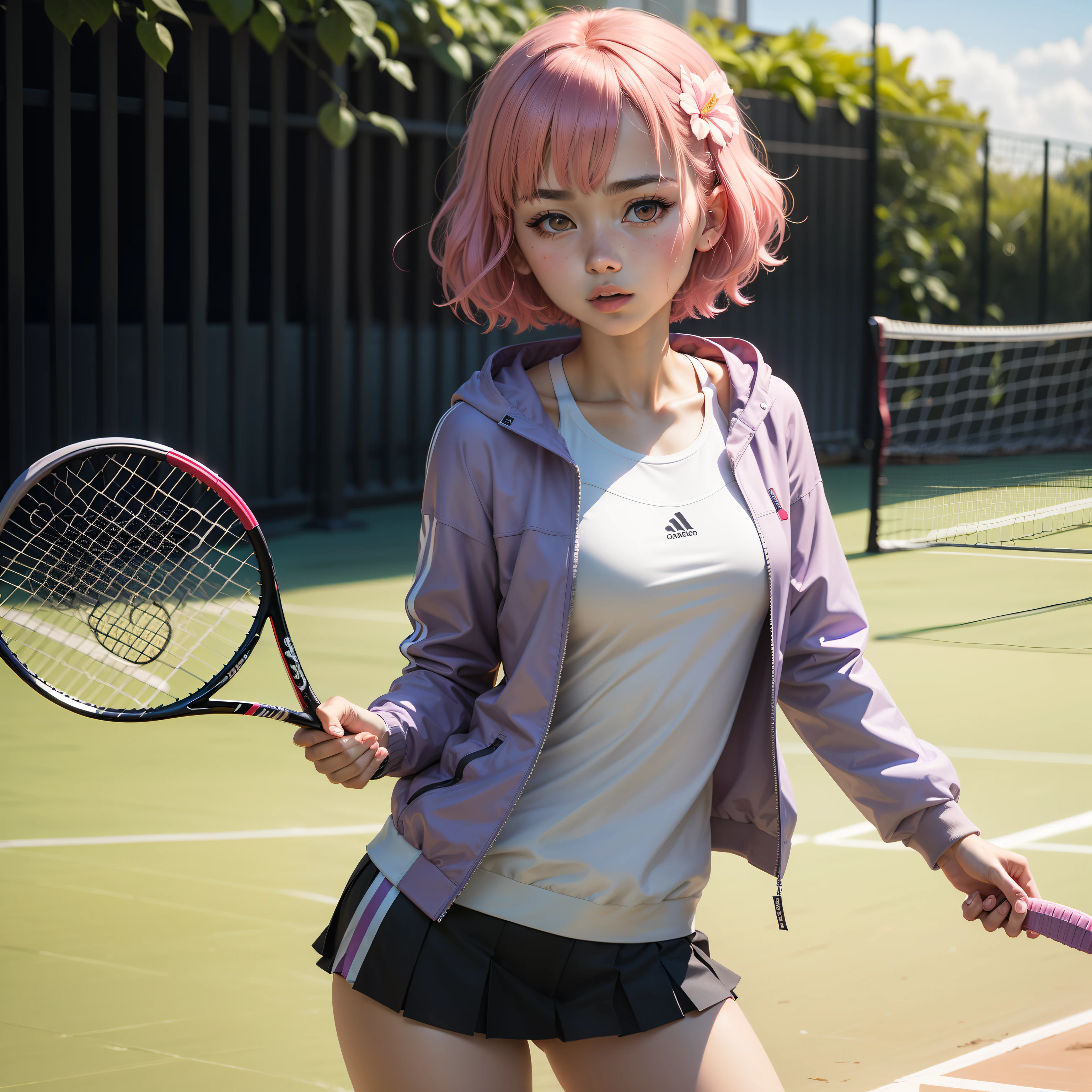 tennis coat,PH Momo, momohd, phmomo, Solo, 1girl in, Pink hair, Purple eyes, Short hair, Hair Flower, Wear tennis wear, Big eyes, embarrassed,Holding a tennis racket in his right hand,The left hand does not hold anything,