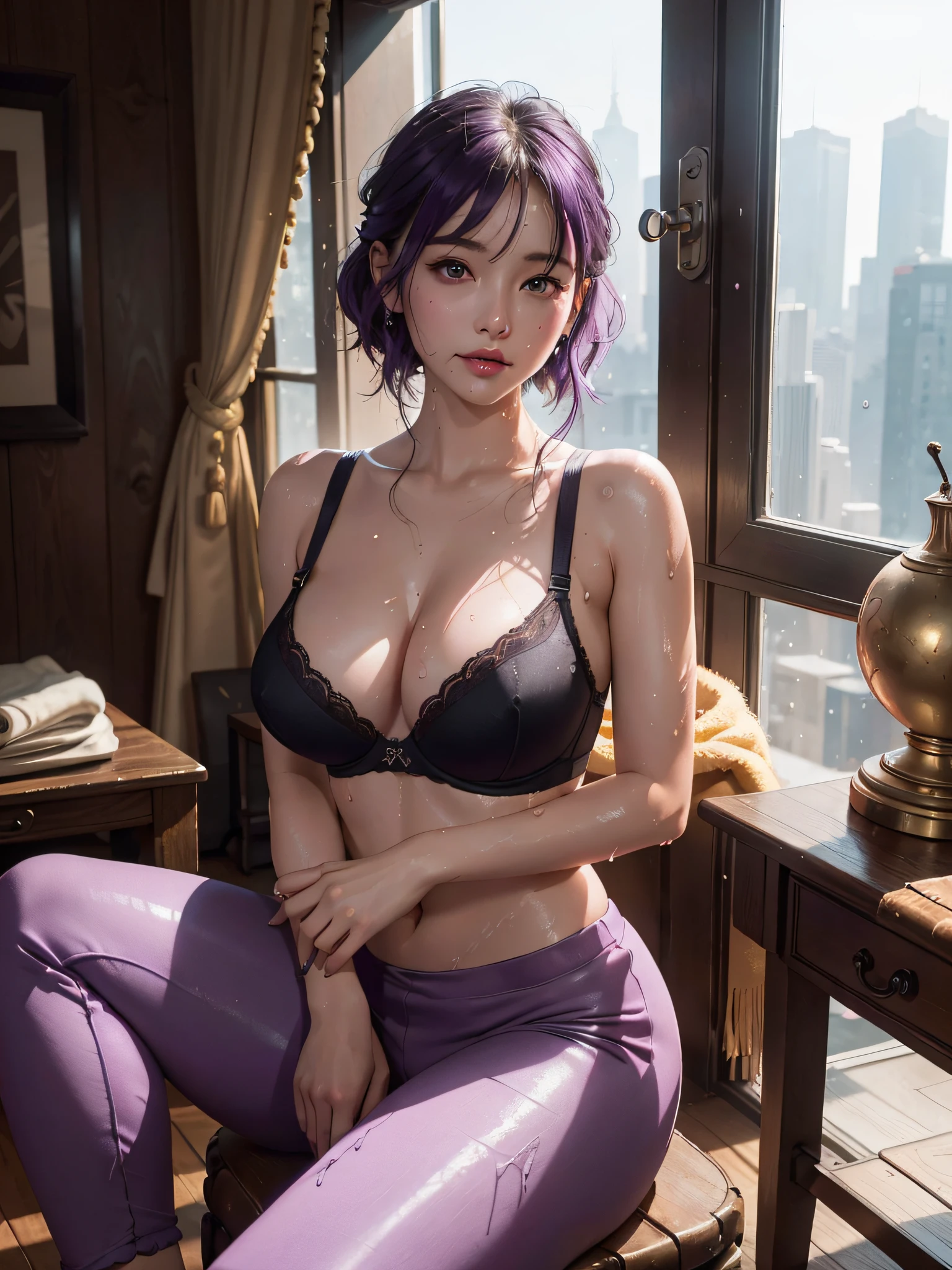 SeaArt Bot Upscaling Default 09:06:59 8k、RAW Photography、top-quality、masterpiece:1.2)、(realisitic、photoRealstic:1.37)、1girl in、Nepali、25-years old、femele、(deep in the night)、sunlights、a room、Daytime cityscape seen from the window、Studio Lighting、face lights、photon maping、Radio City、Purple hair、A detailed face、detailed lips、A detailed eye、More skin、二重まぶた、(Huge round:1.3)、((Exposure))、(Bra and joggers、Nepal)、(bra)、(Wearing a bra and joggers)、((no brassiere)))、Exposed cleavage、exposed shoulder、Thigh exposure、(camel's toe)、perfectbody、shinny skin、(Body wet with sweat:1.2)、smirking face、((sitting on))、Make eye contact with the camera、Lens blur for background camera、depth of fields、35 m、ultra-detailliert、ultra-quality、flawless、Anime tattoo on right hand、((Vintage style photography